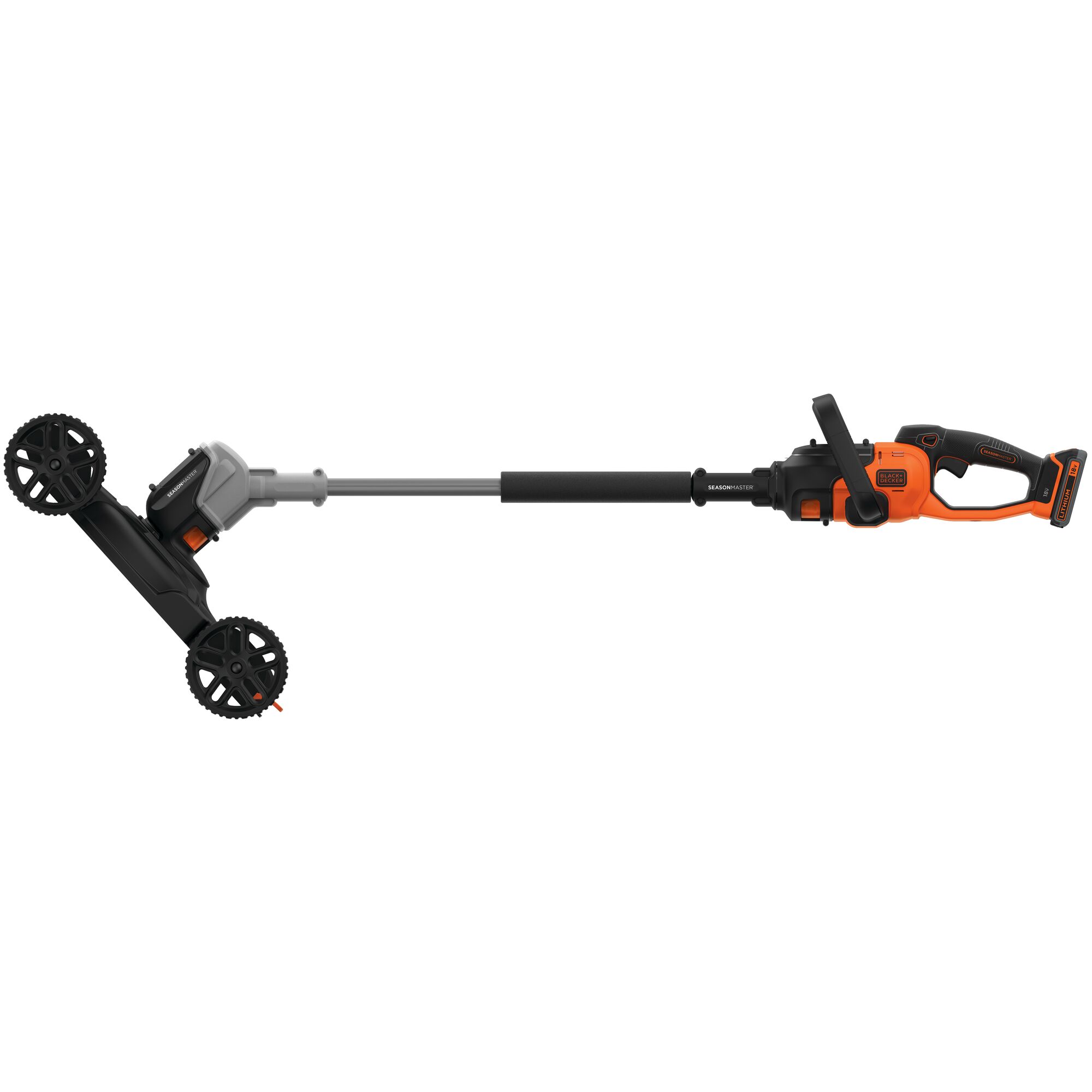 A BLACK+DECKER CM100 lawn edger, featuring an orange and black design, with two large wheels and an extended handle.