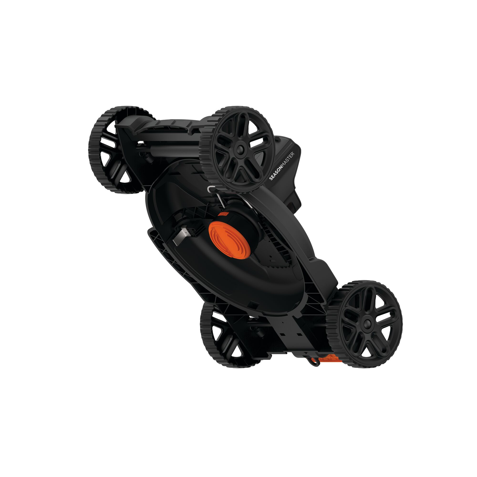 A BLACK+DECKER CM100 lawn mower shown from the underside, highlighting the blades and wheels in a black and orange color scheme.