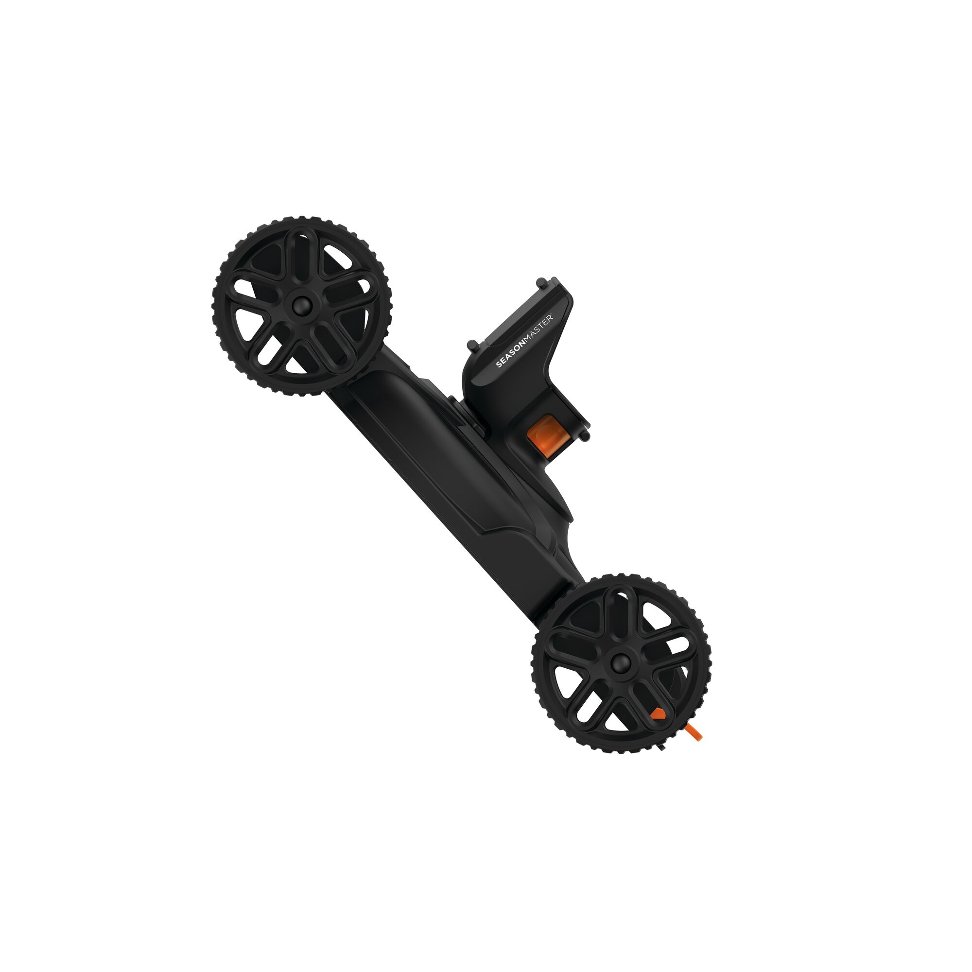 A BLACK+DECKER CM100 lawn mower accessory with two large black wheels and a central black body, designed for use with a string trimmer, shown against a white background.