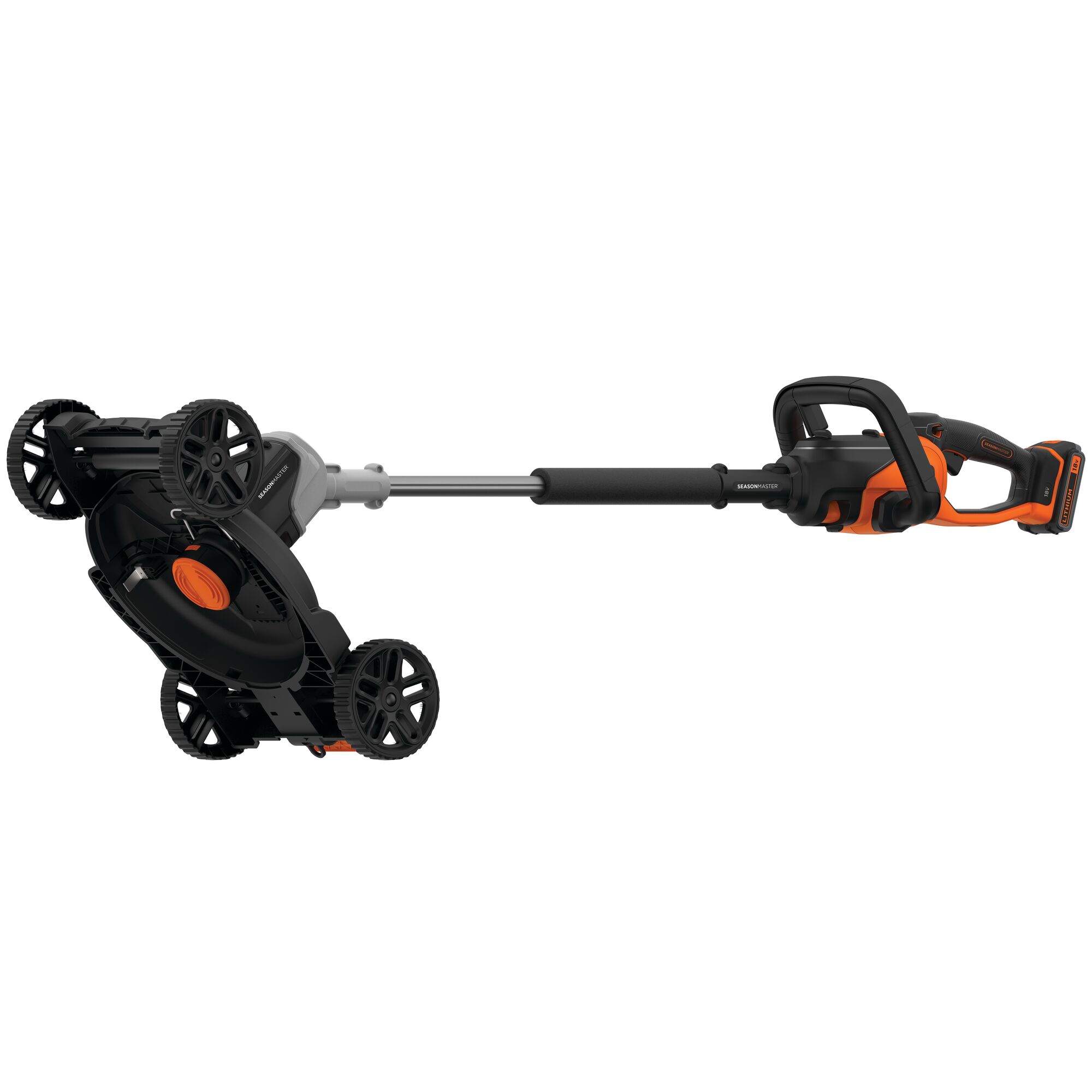 A BLACK+DECKER CM100 lawn mower accessory with four wheels, designed to attach to a compatible string trimmer for easy lawn edging and cutting.