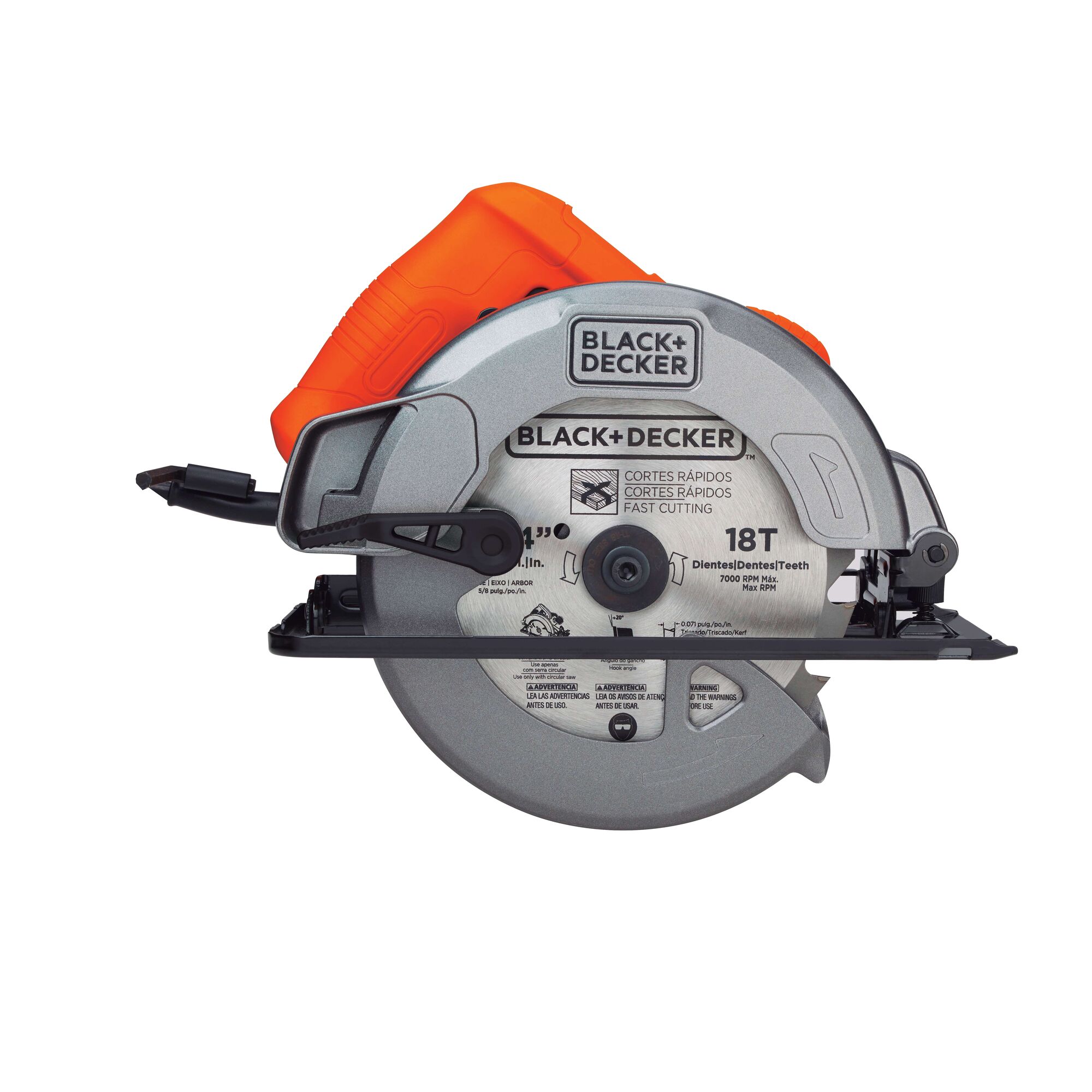 BLACKDECKER CS1004 circular saw, 18T blade, silver and orange, product side angle photo.