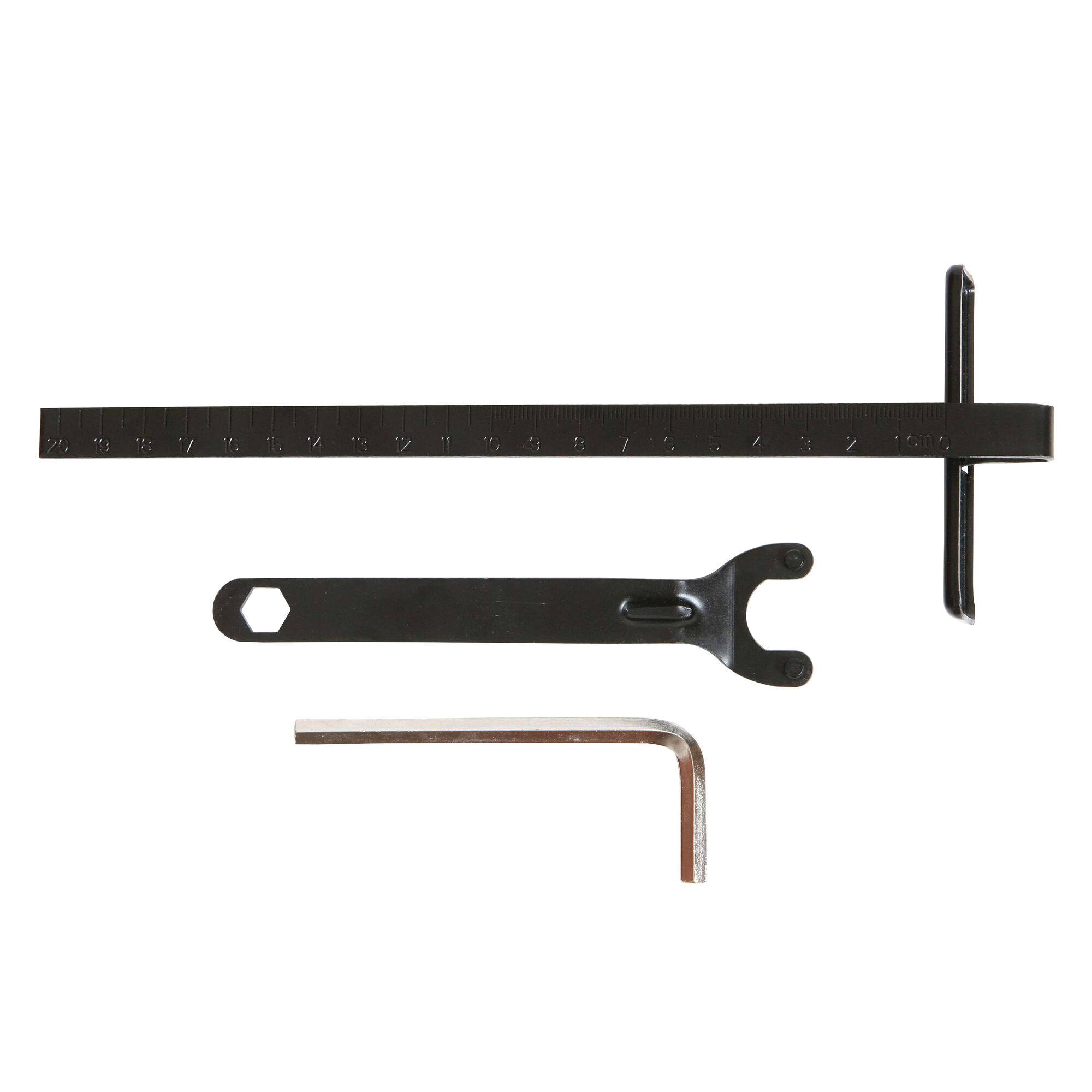 BLACKDECKER CS1004 tool set with ruler, spanner, and hex key, white background, top view