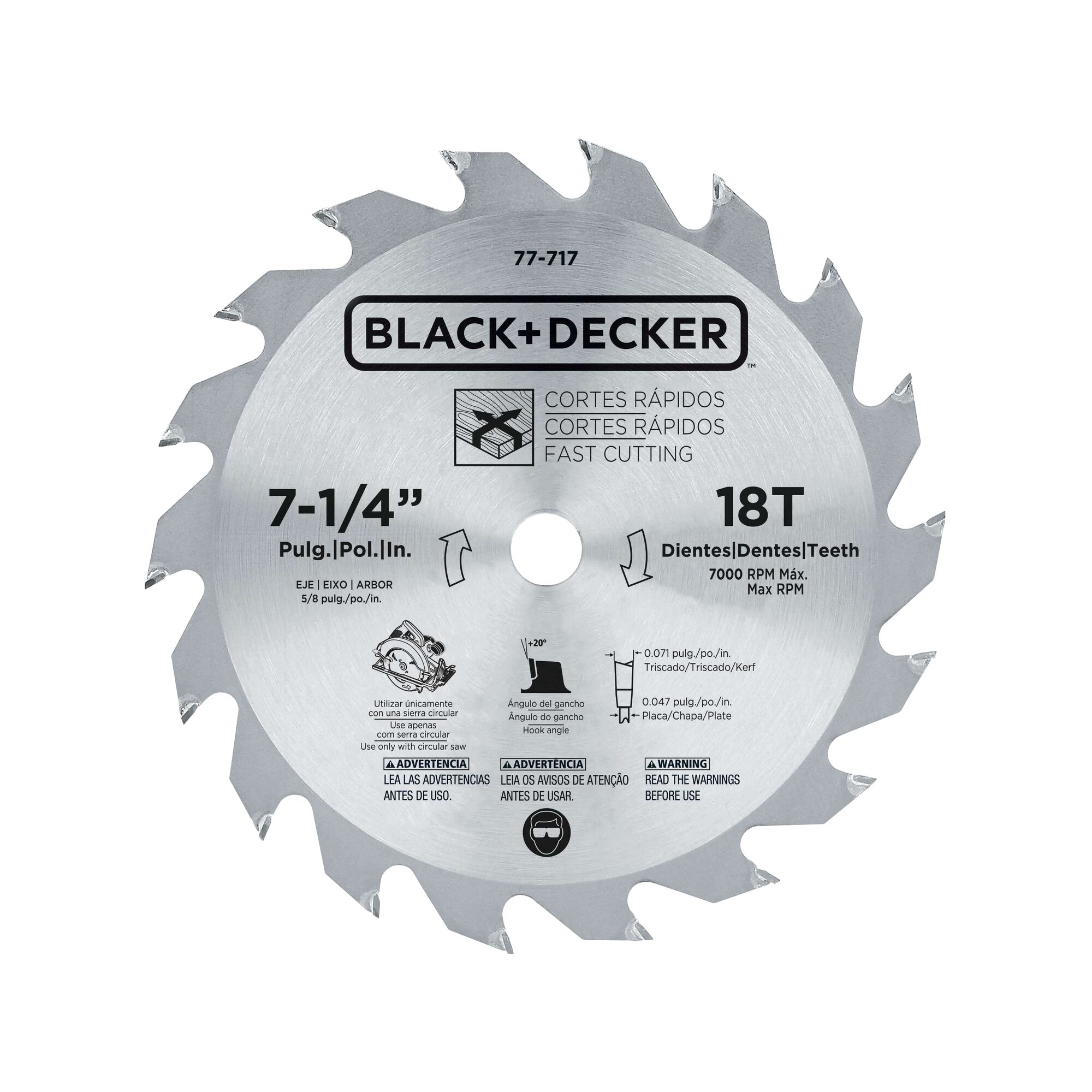 BLACK+DECKER CS1004 circular saw blade, 7-1/4 inch, 18 teeth, silver, front angle, photography.