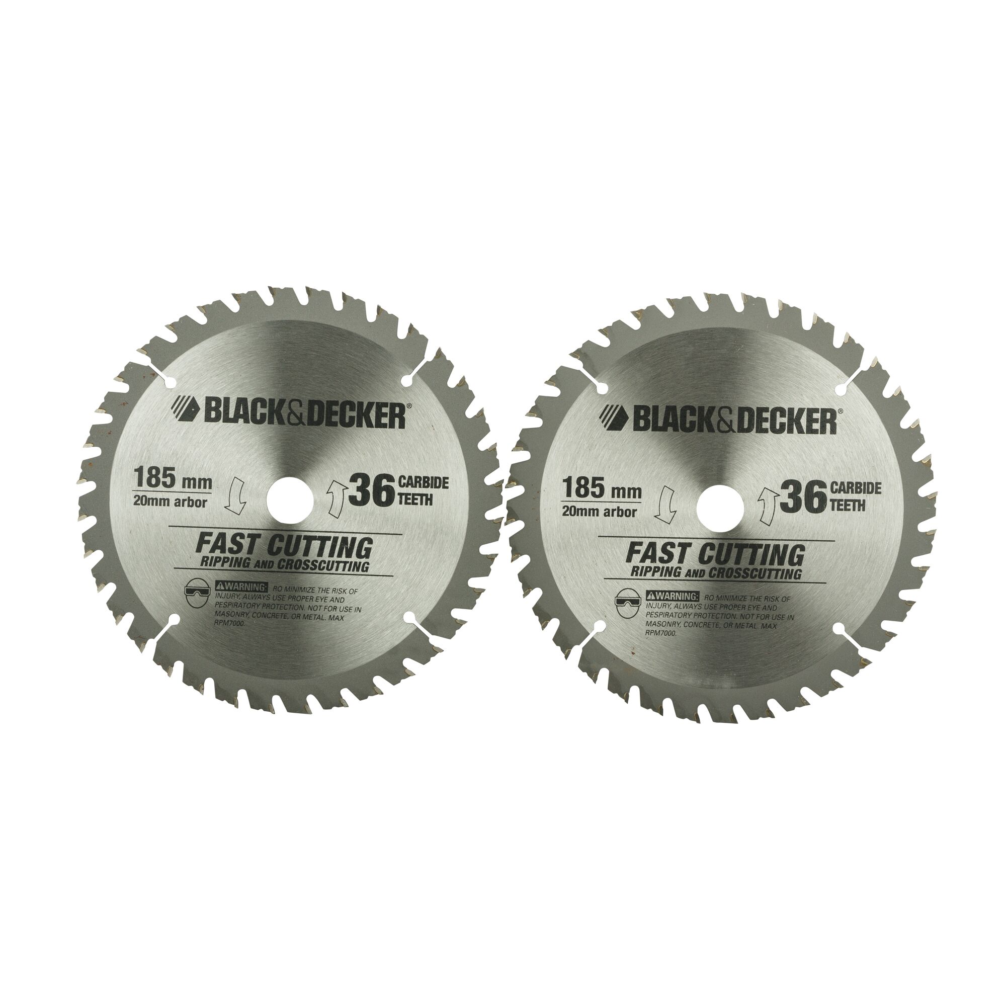 BLACKDECKER CS1500 circular saw blades, 185mm, 36 carbide teeth, fast cutting, front angle, white background