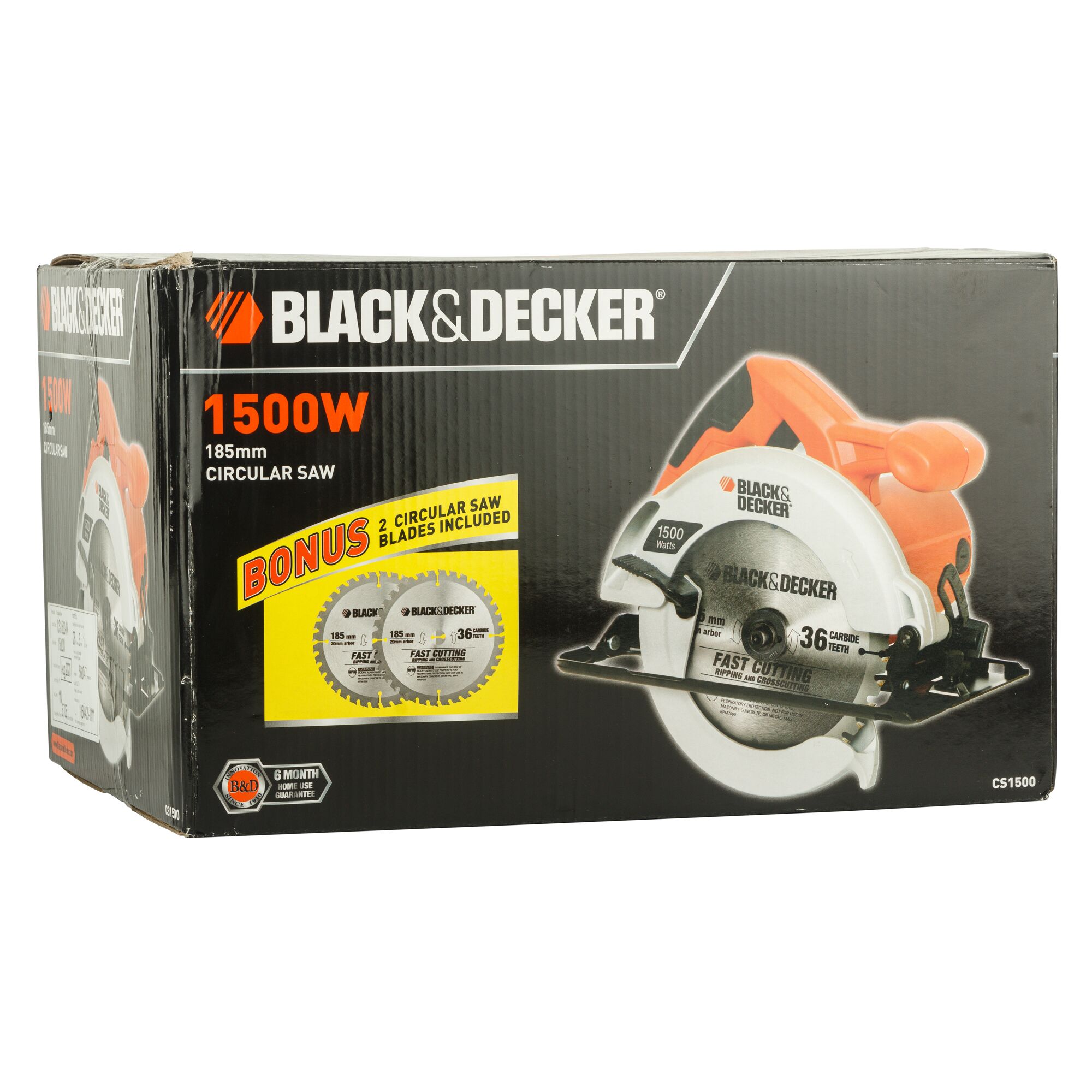 Photo of BLACKDECKER CS1500 circular saw box, 1500W, 185mm, with bonus two blades, front angle.
