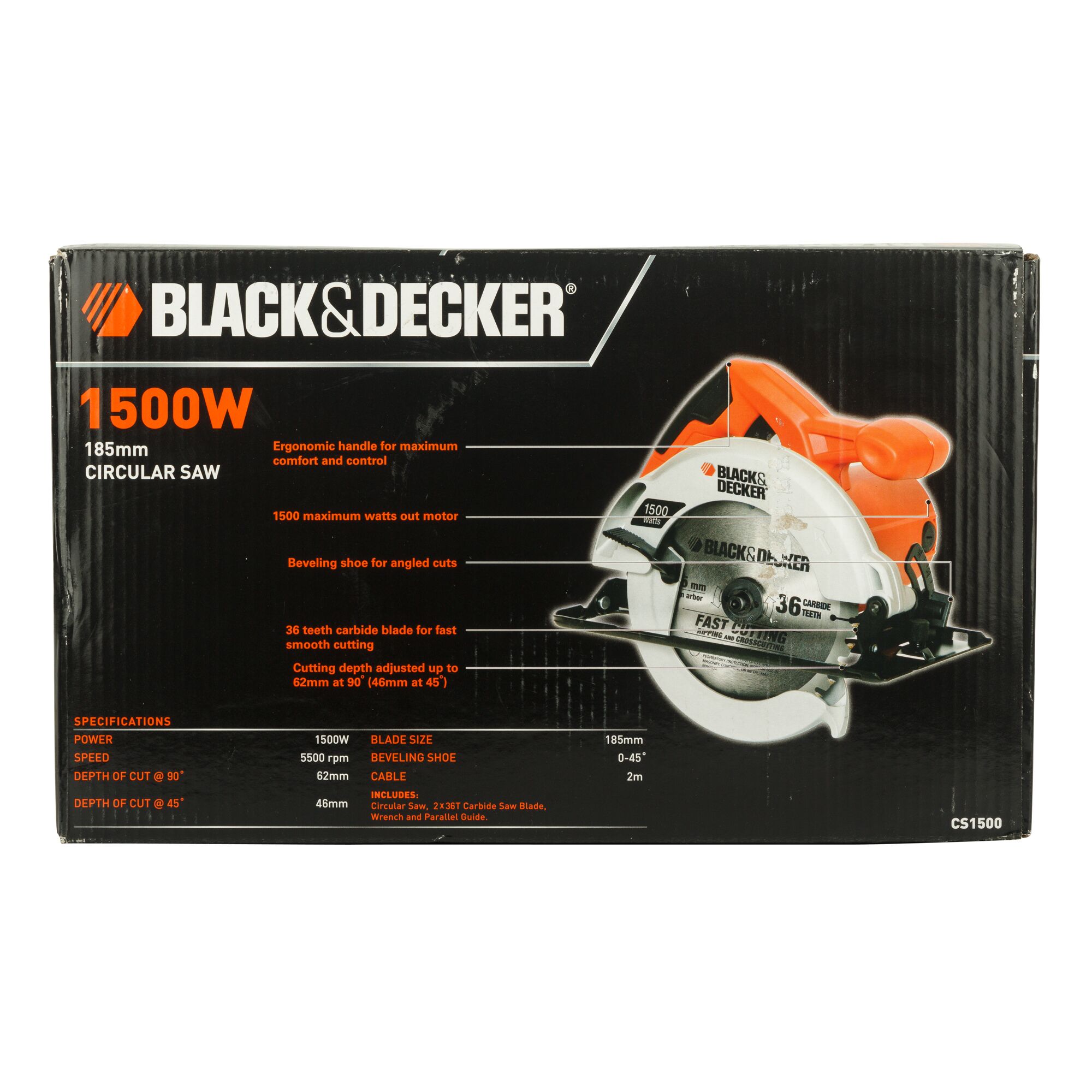 Front angle packaging photo of BLACKDECKER 1500W circular saw, SKU CS1500, showing features and product image.