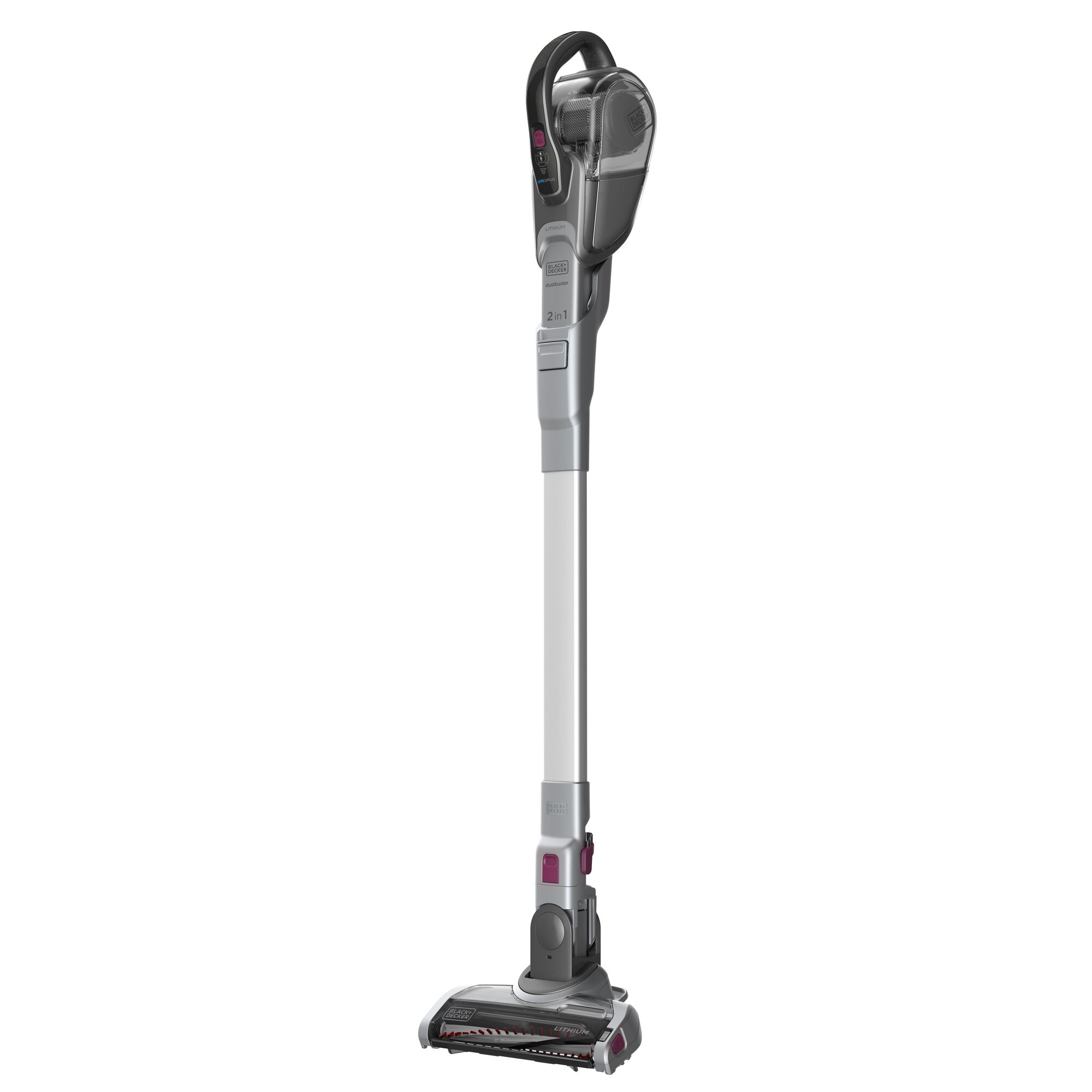 BLACKDECKER CS1820T cordless stick vacuum, silver and black, upright angle photo.