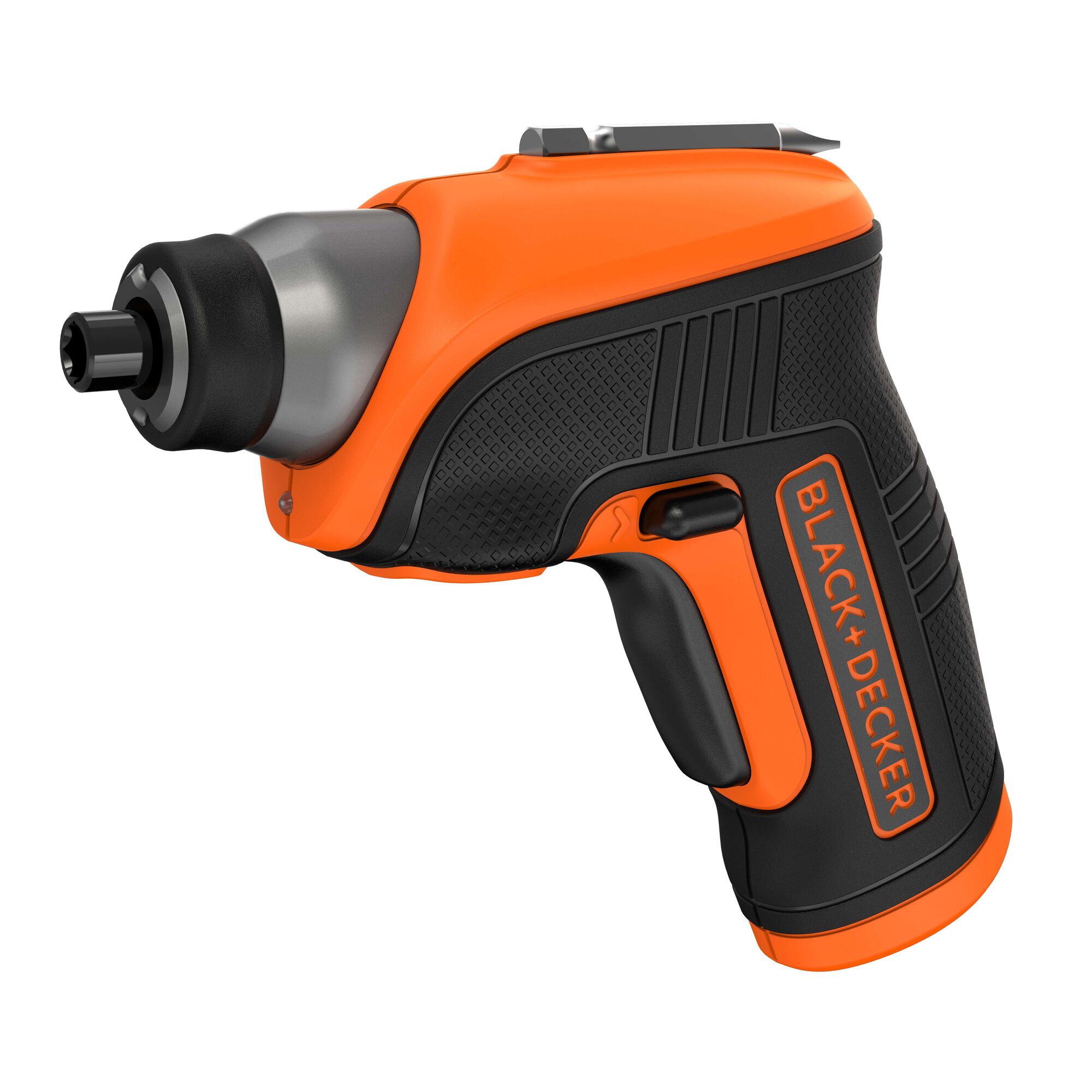 BLACK+DECKER CS3652LC cordless screwdriver, side angle, orange and black ergonomic grip.
