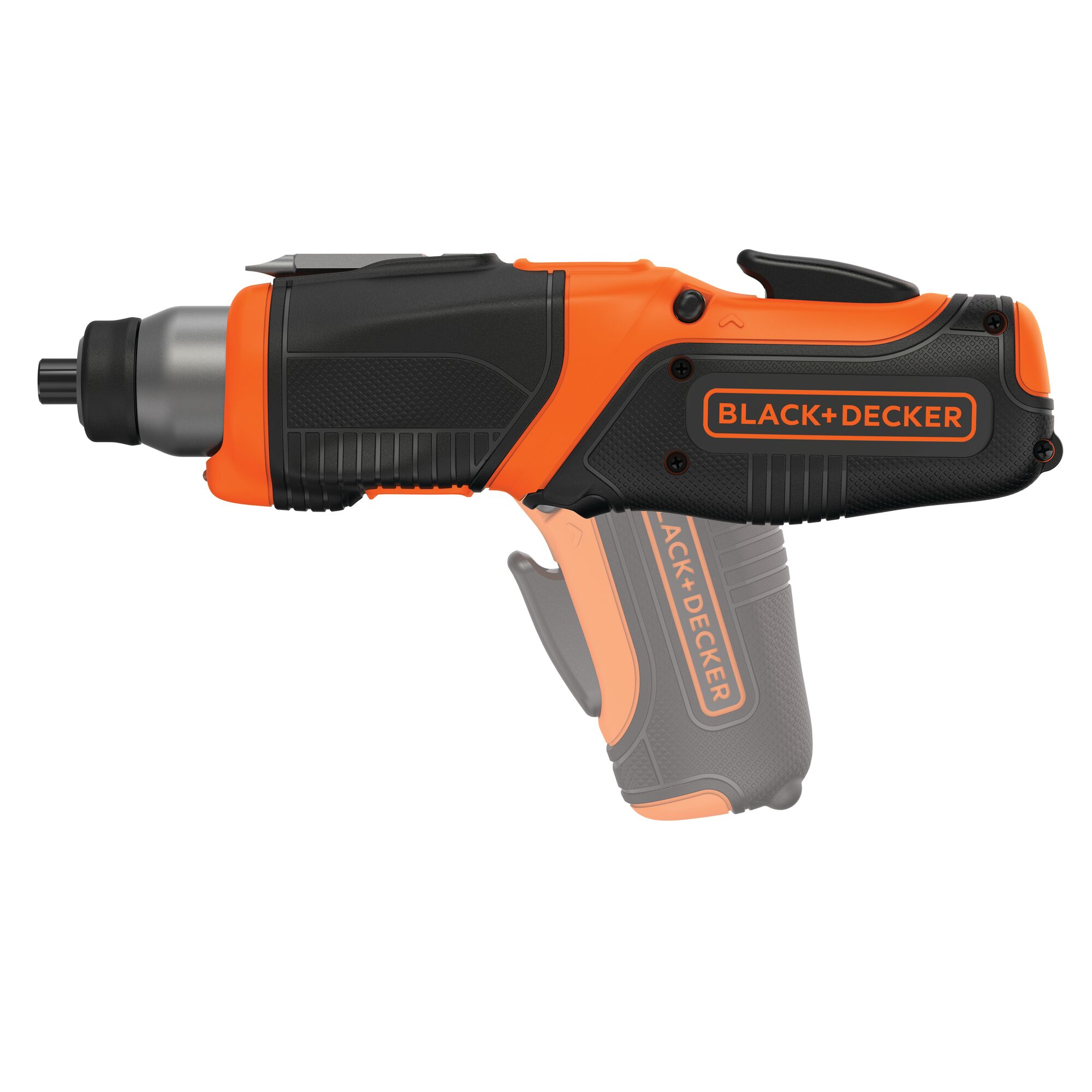 BLACK+DECKER CS3653LC cordless screwdriver, orange and black, side angle on white background.