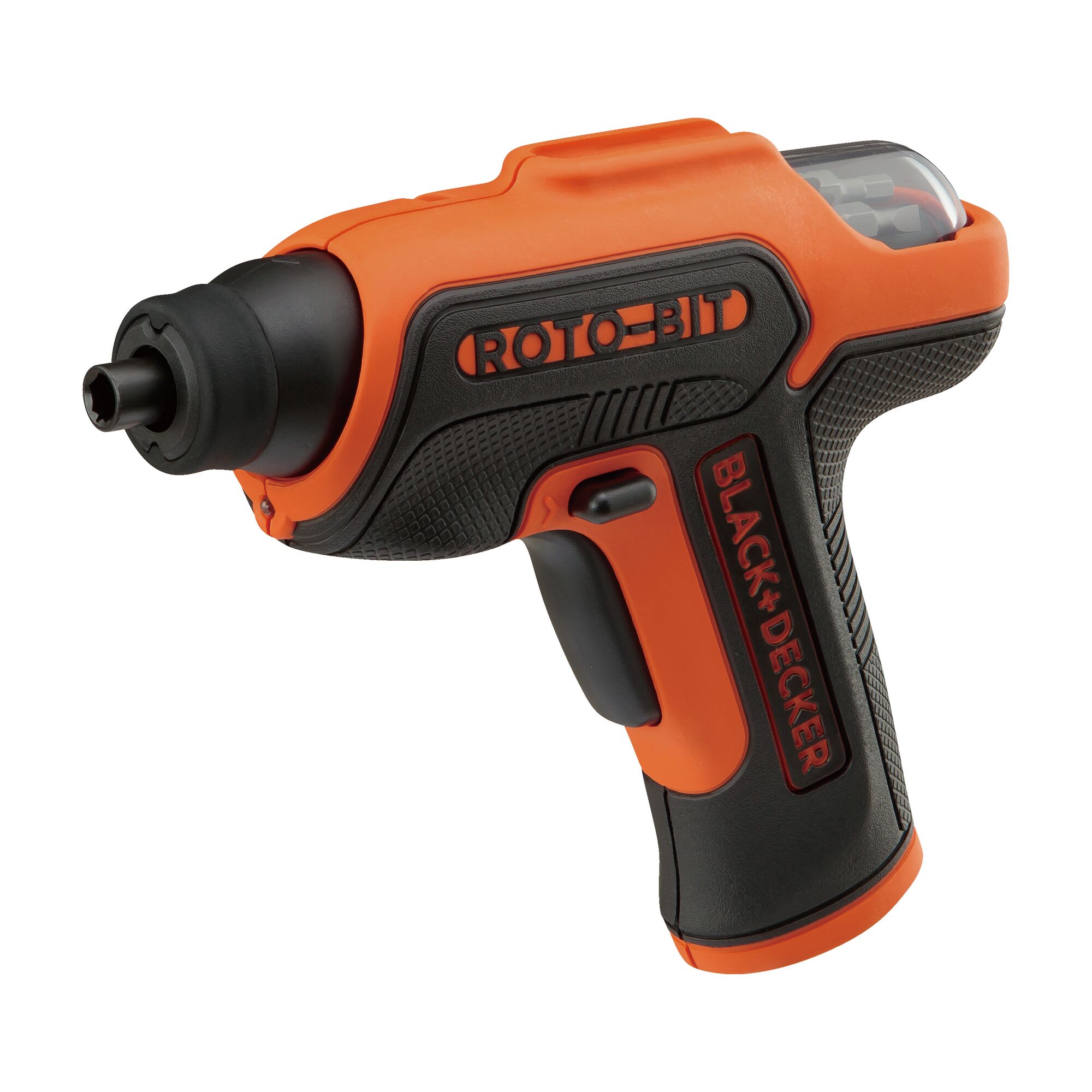 BLACKDECKER CS36BSB orange and black cordless screwdriver side angle on white background.