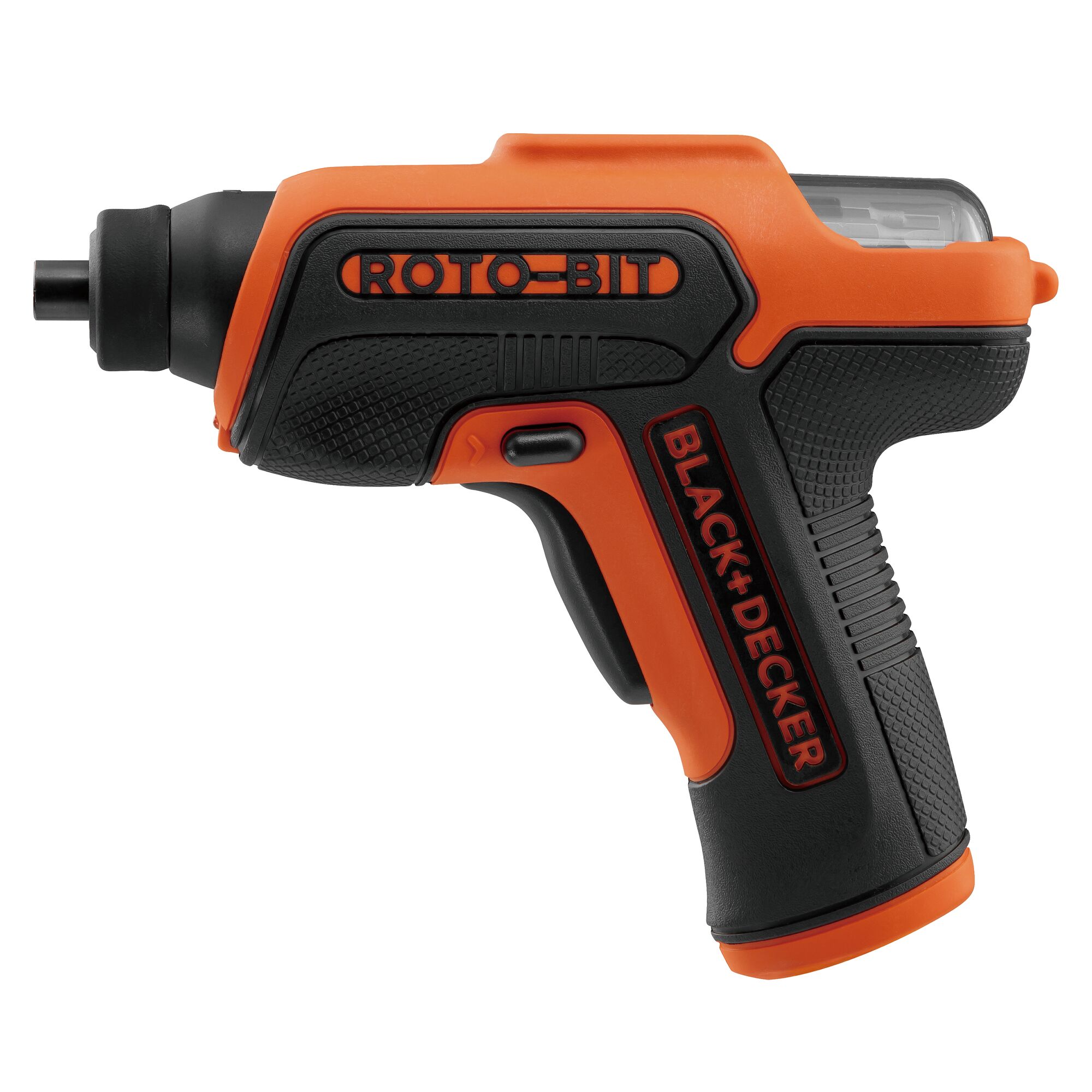 Photo of BLACK+DECKER CS36BSB cordless screwdriver, black and orange, side angle on white background.