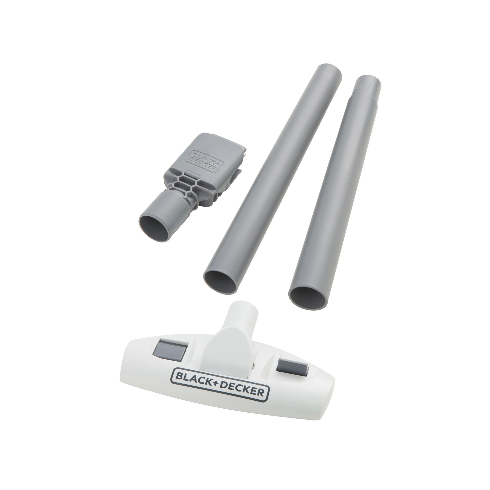 BLACK+DECKER DVA315J vacuum accessory kit with two grey extension tubes and white floor nozzle, top view.