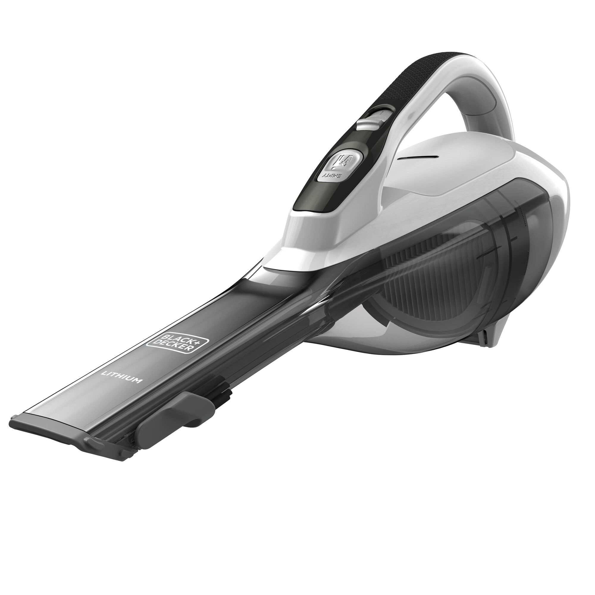 BLACKDECKER DVA315J handheld vacuum cleaner, white and black, side angle on white background