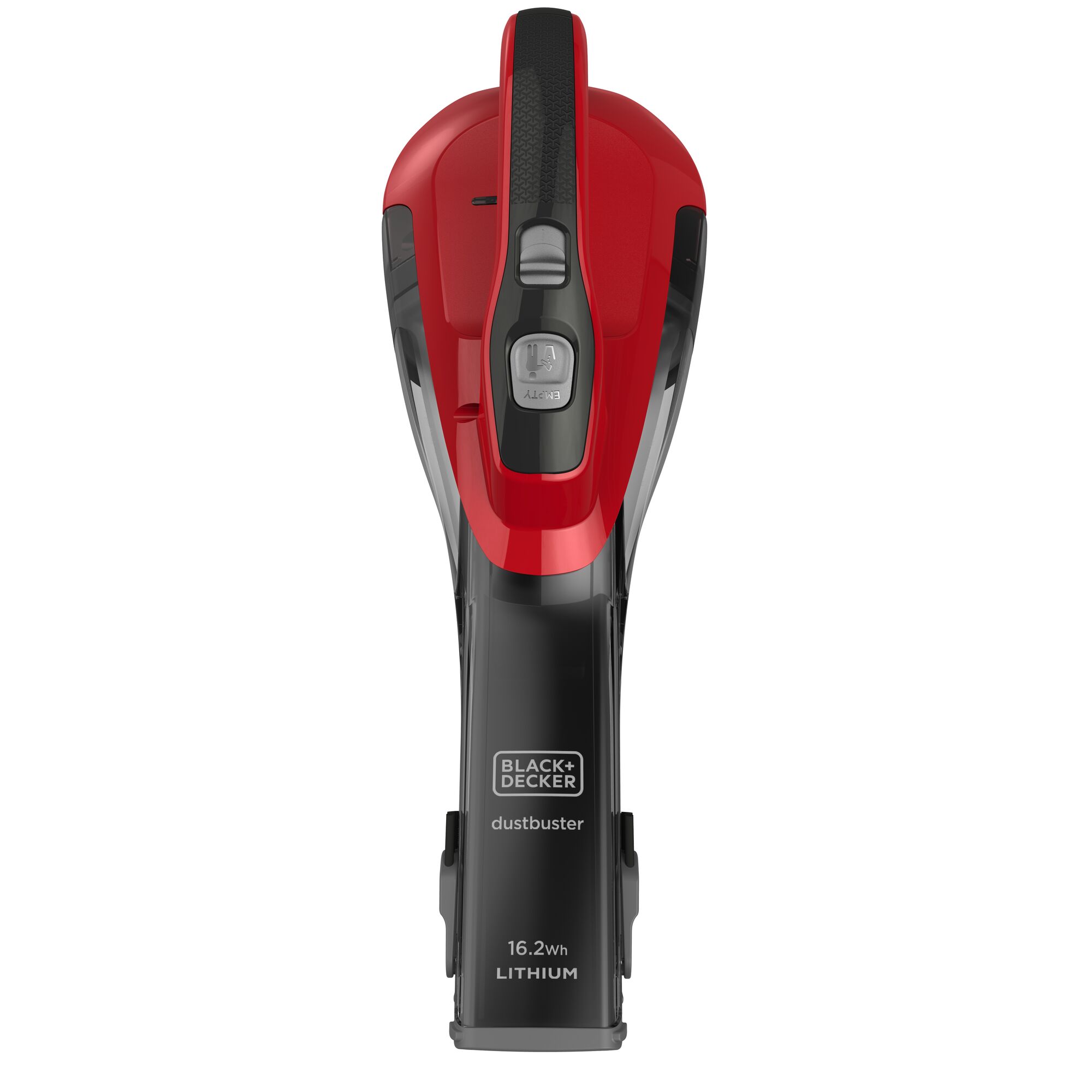 A BLACK+DECKER dustbuster handheld vacuum cleaner with a red and black design, labeled as 16.2Wh Lithium.