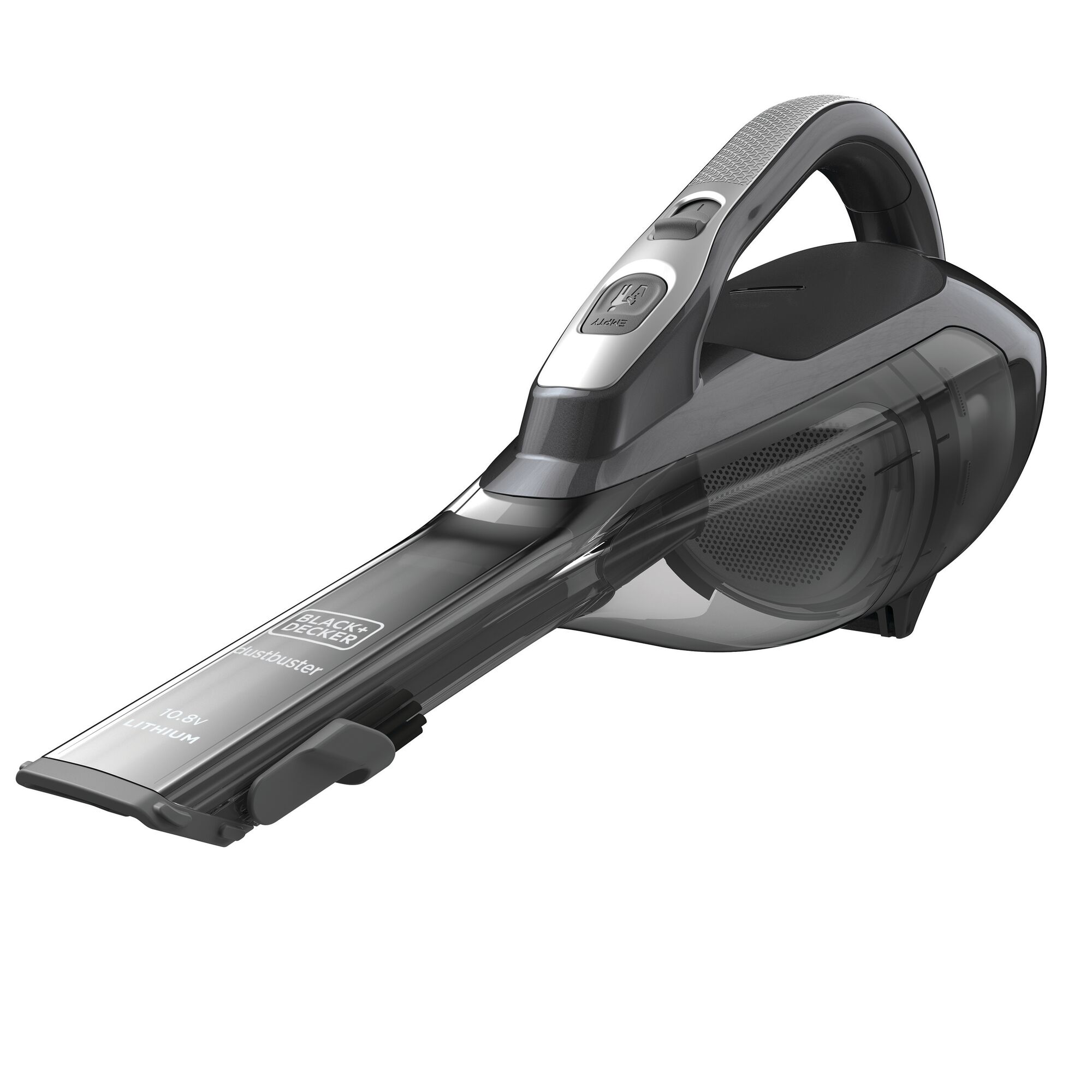 BLACKDECKER DVA320BF handheld vacuum cleaner, side angle, grey and black design, lithium powered.