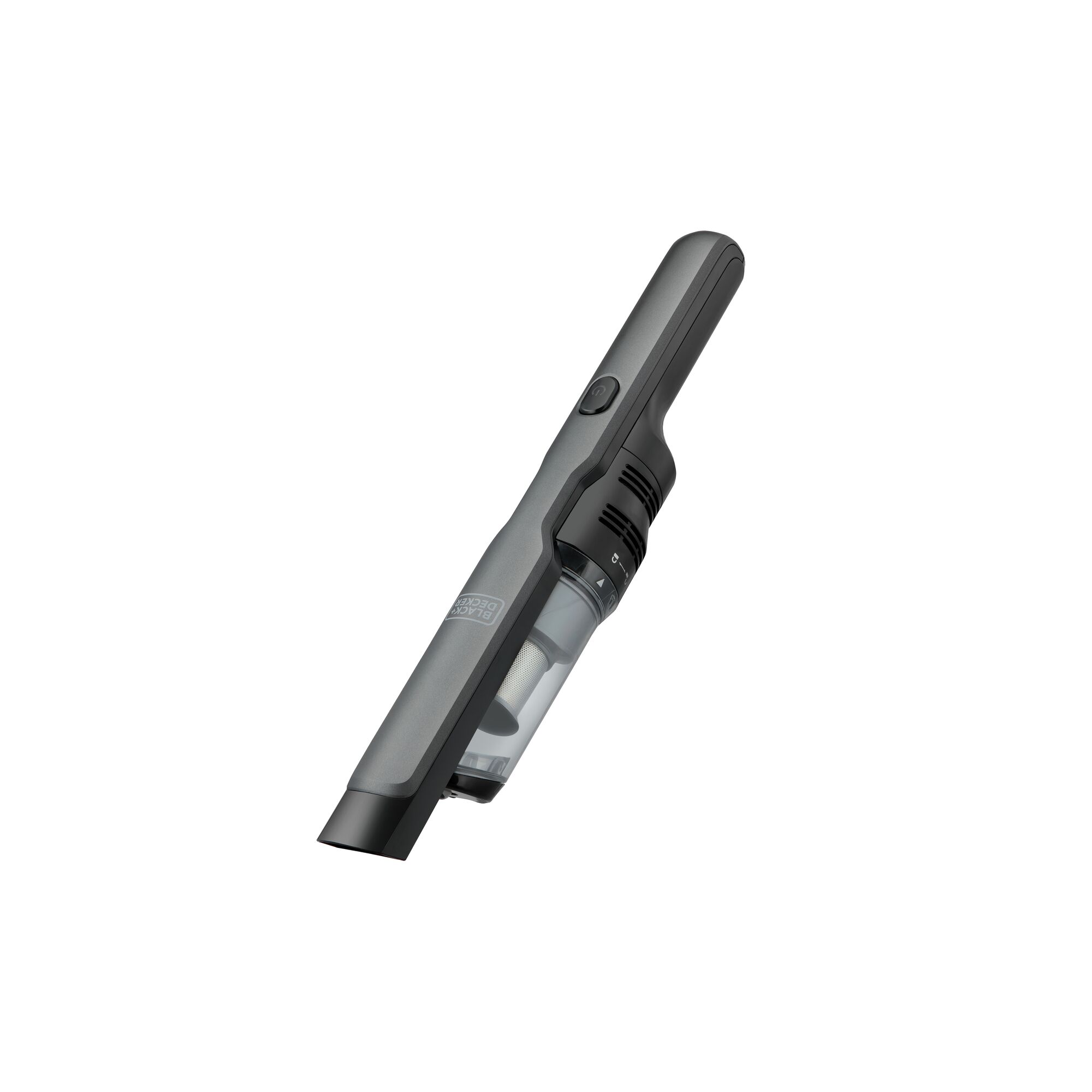 BLACKDECKER DVC320B01 handheld vacuum cleaner, black and grey, angled side view, white background.