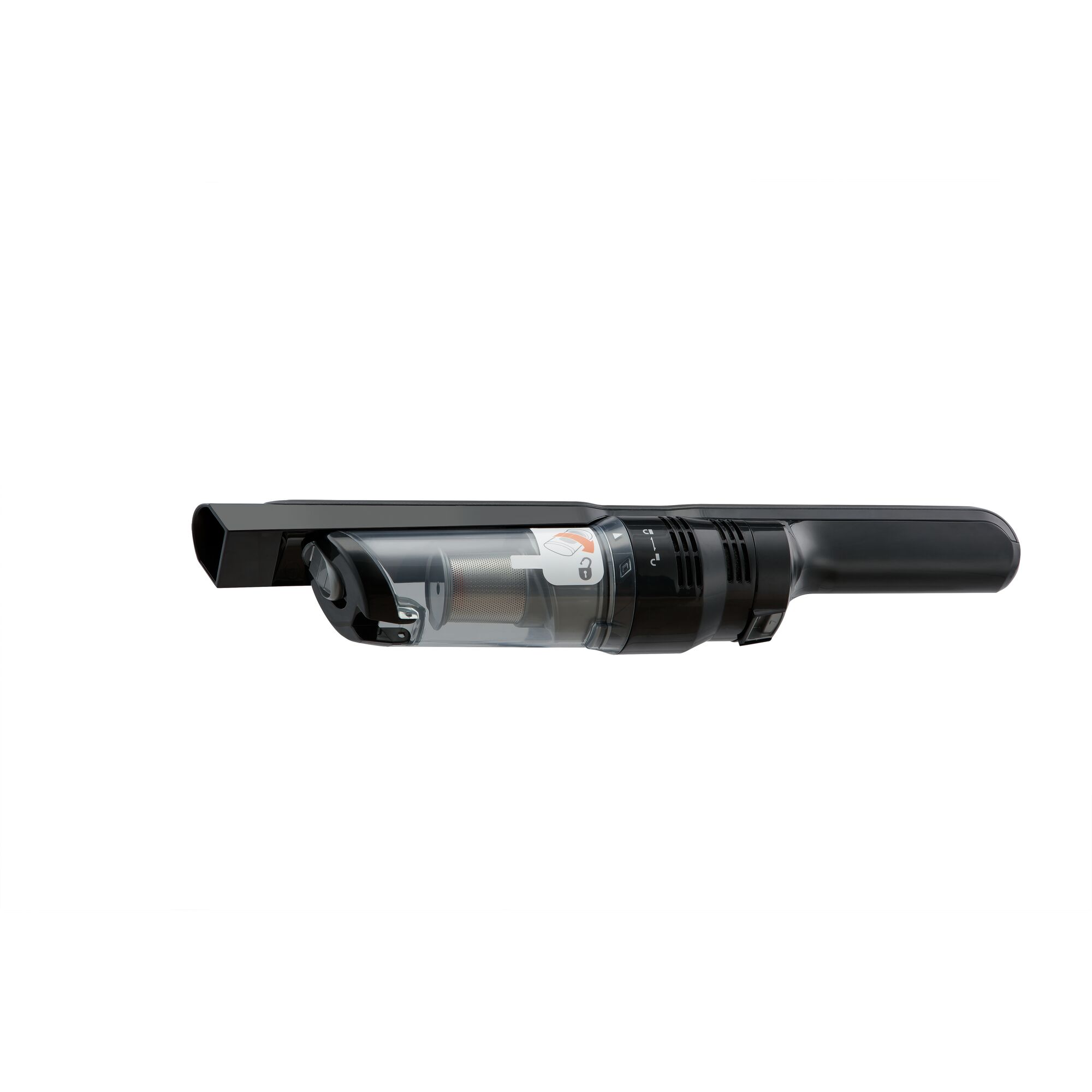 BLACKDECKER DVC320B01 handheld vacuum cleaner, black and transparent, side angle on white background.