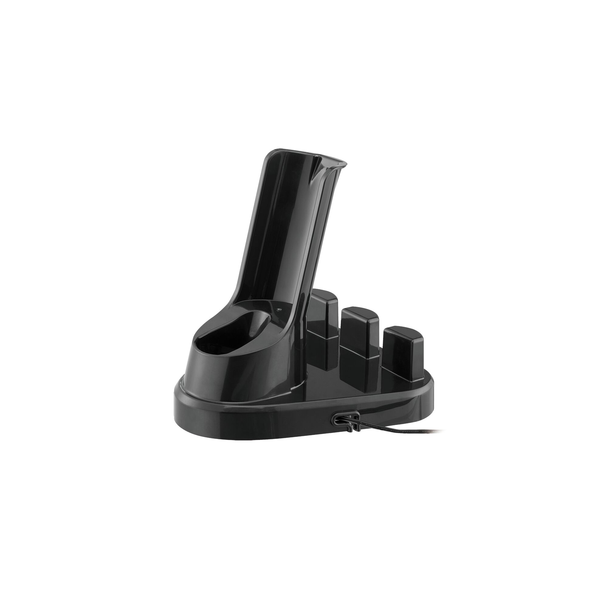 BLACKDECKER DVC320B01 black vacuum charging dock, side angle, with accessory slots on white background.