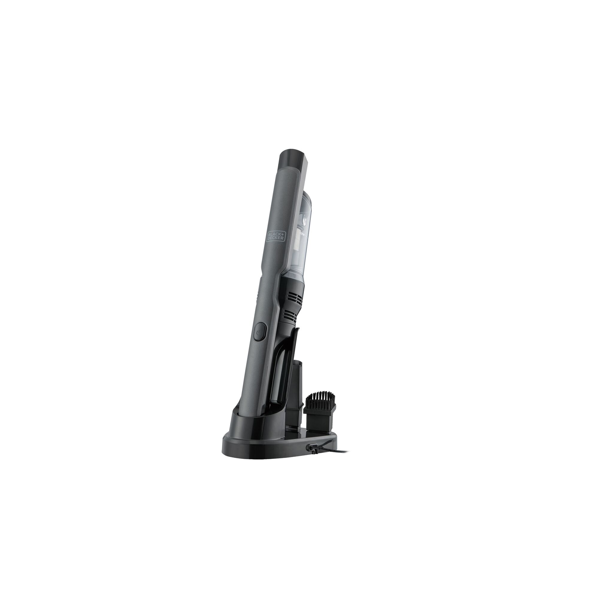 BLACKDECKER handheld vacuum DVC320B01 side view with charging dock on white background.
