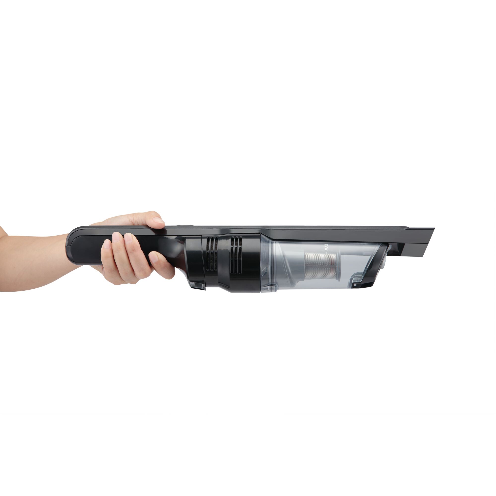 Photo of BLACKDECKER DVC320B01 handheld vacuum cleaner, side view with transparent dust chamber.
