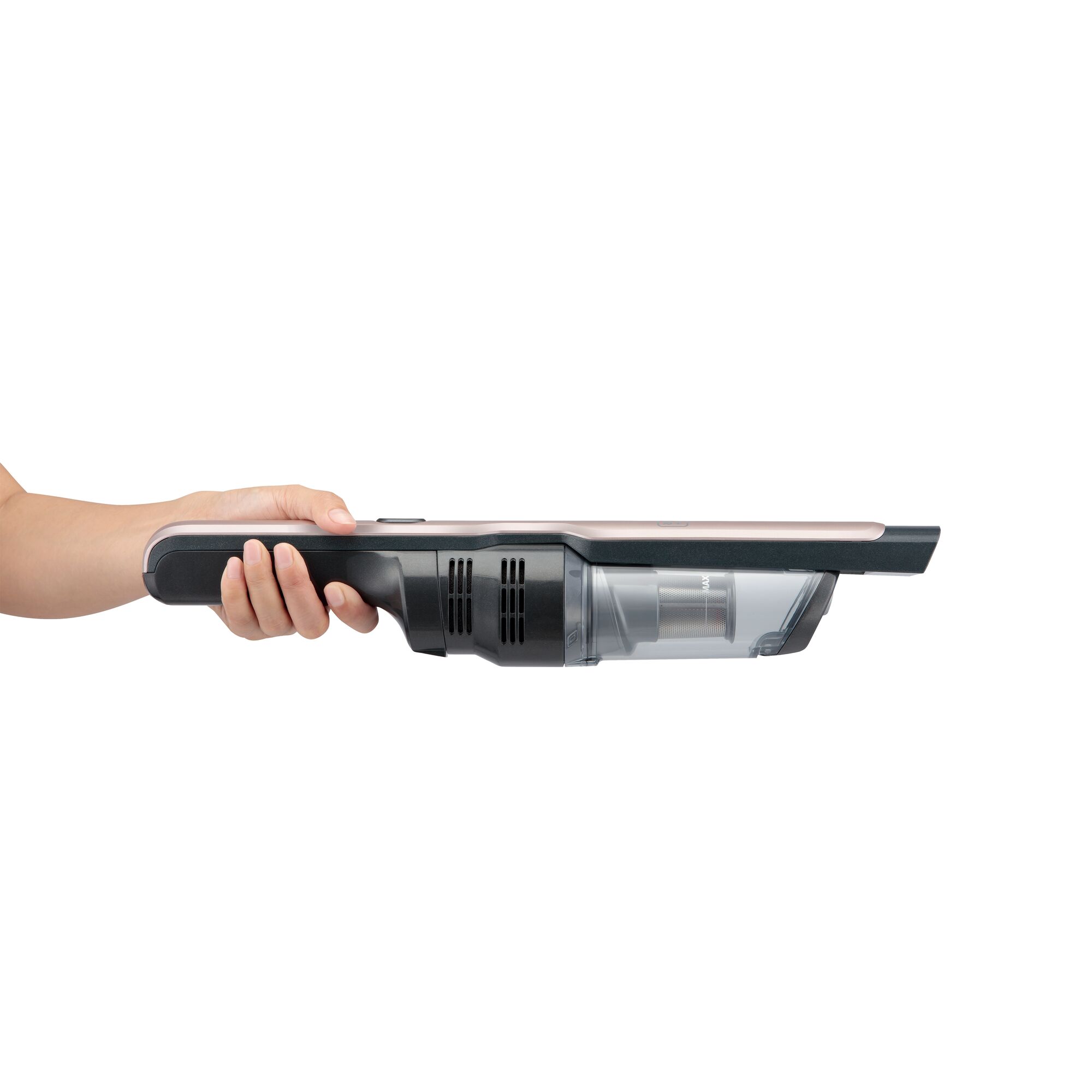 BLACKDECKER DVC320B24 handheld vacuum cleaner side view, black and gray, human hand holding handle.