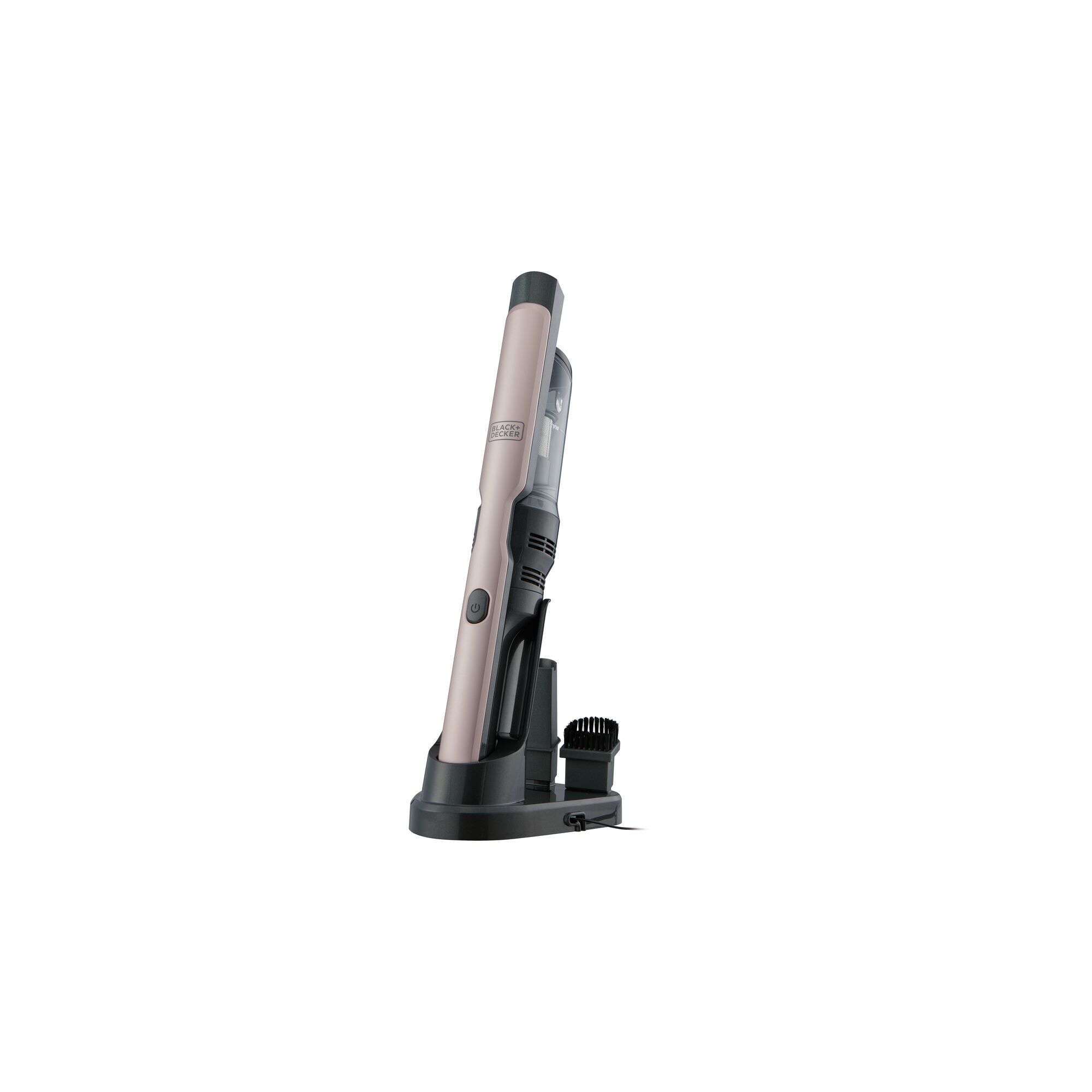 BLACKDECKER DVC320B24 handheld vacuum cleaner on charging base, side angle, metallic pink and black.