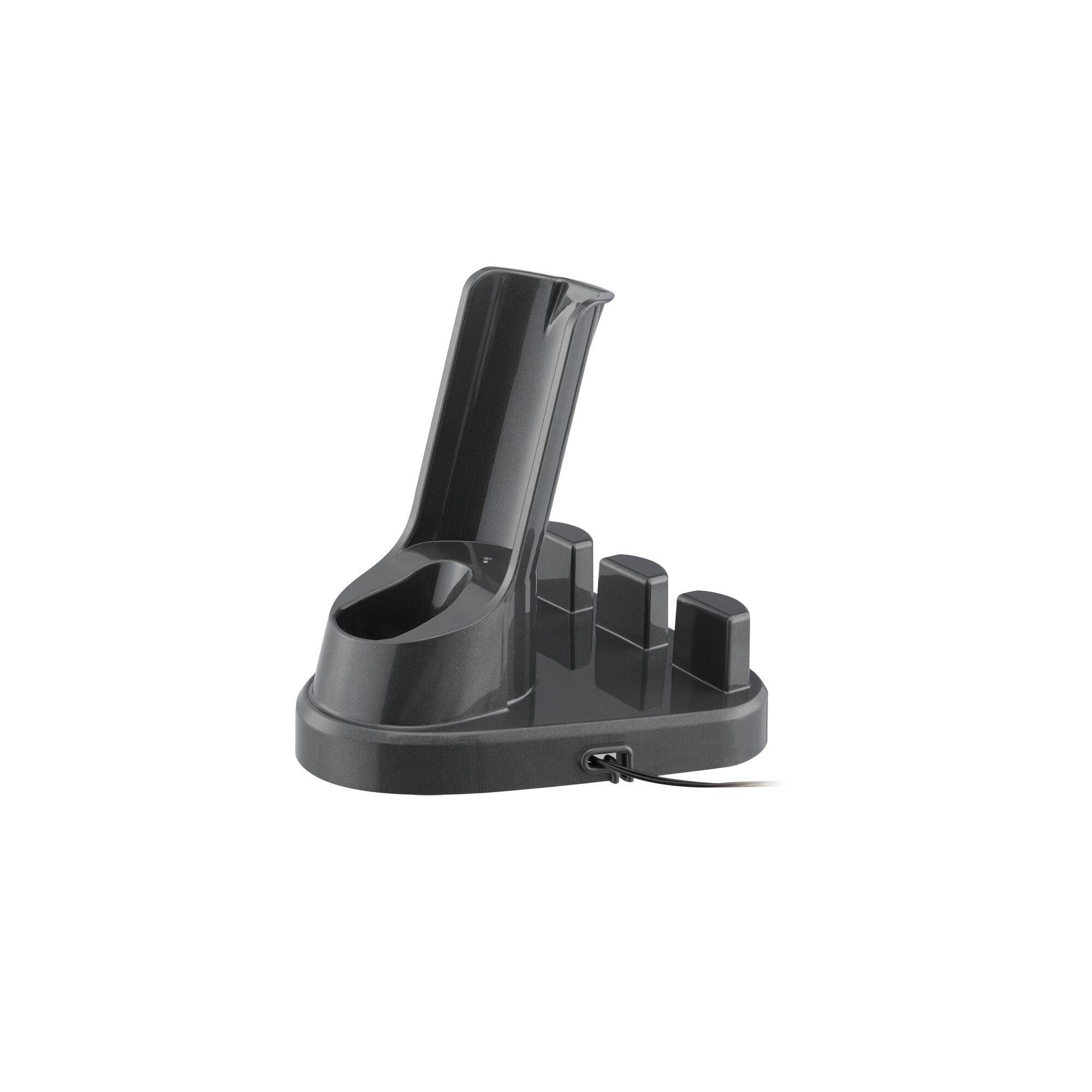 BLACKDECKER DVC320B24 black vacuum charging dock, angled view, plastic base with cord.