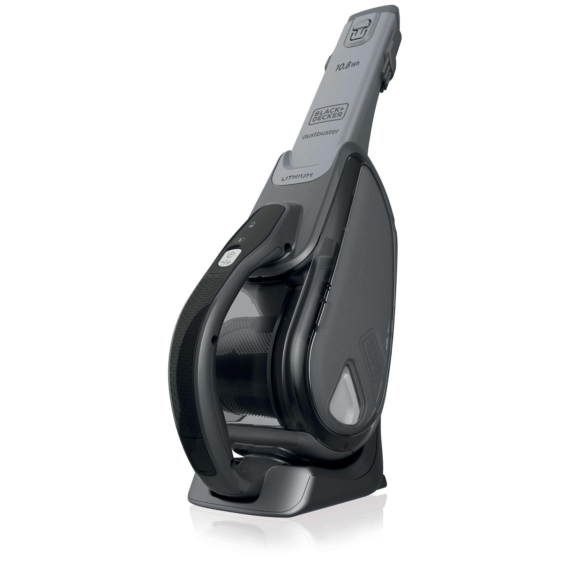 A BLACK+DECKER Dustbuster handheld vacuum cleaner in grey, shown standing upright on its charging base.