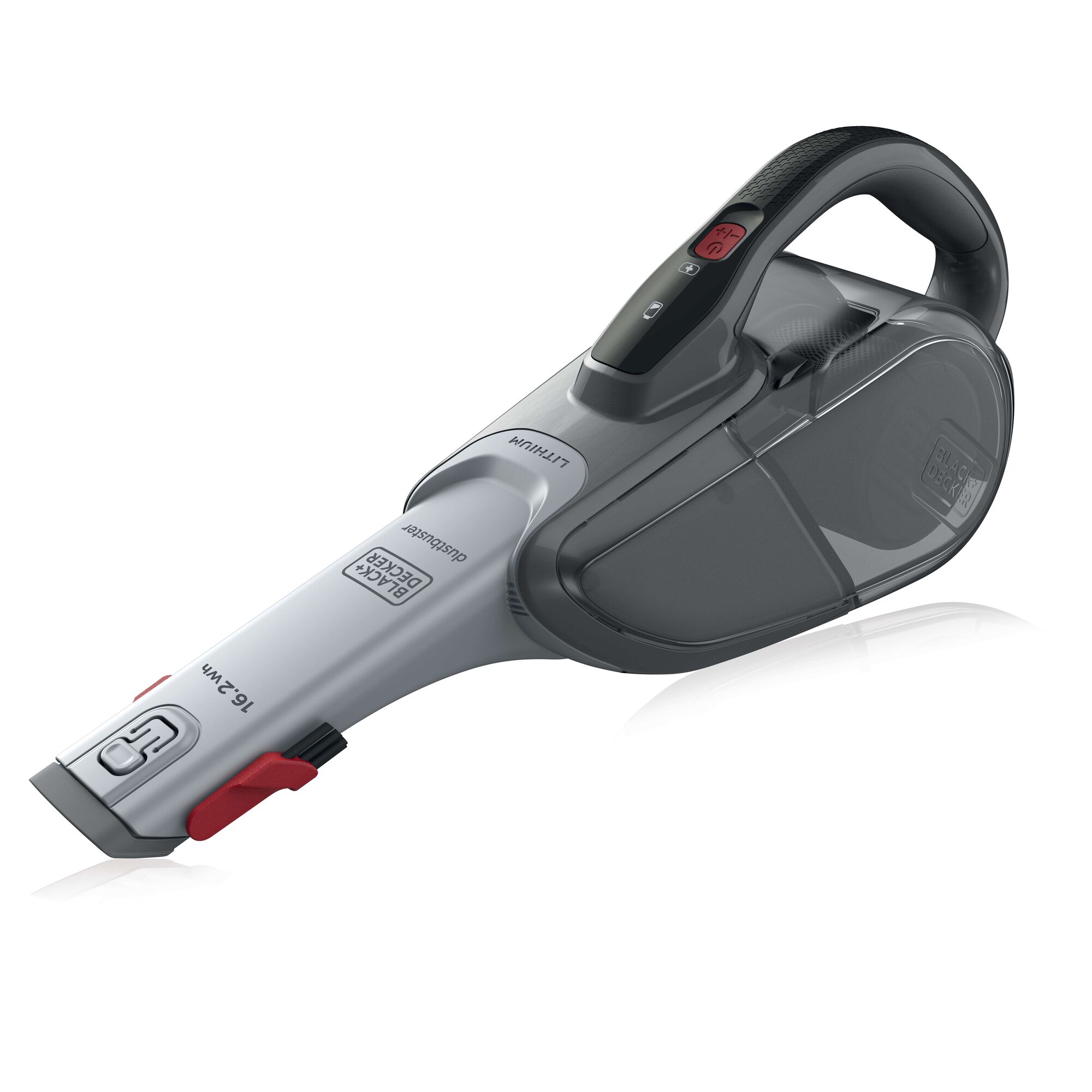 A BLACK+DECKER handheld cordless vacuum cleaner with a grey and black design, featuring a curved ergonomic handle, visible control buttons, and a transparent dust container.