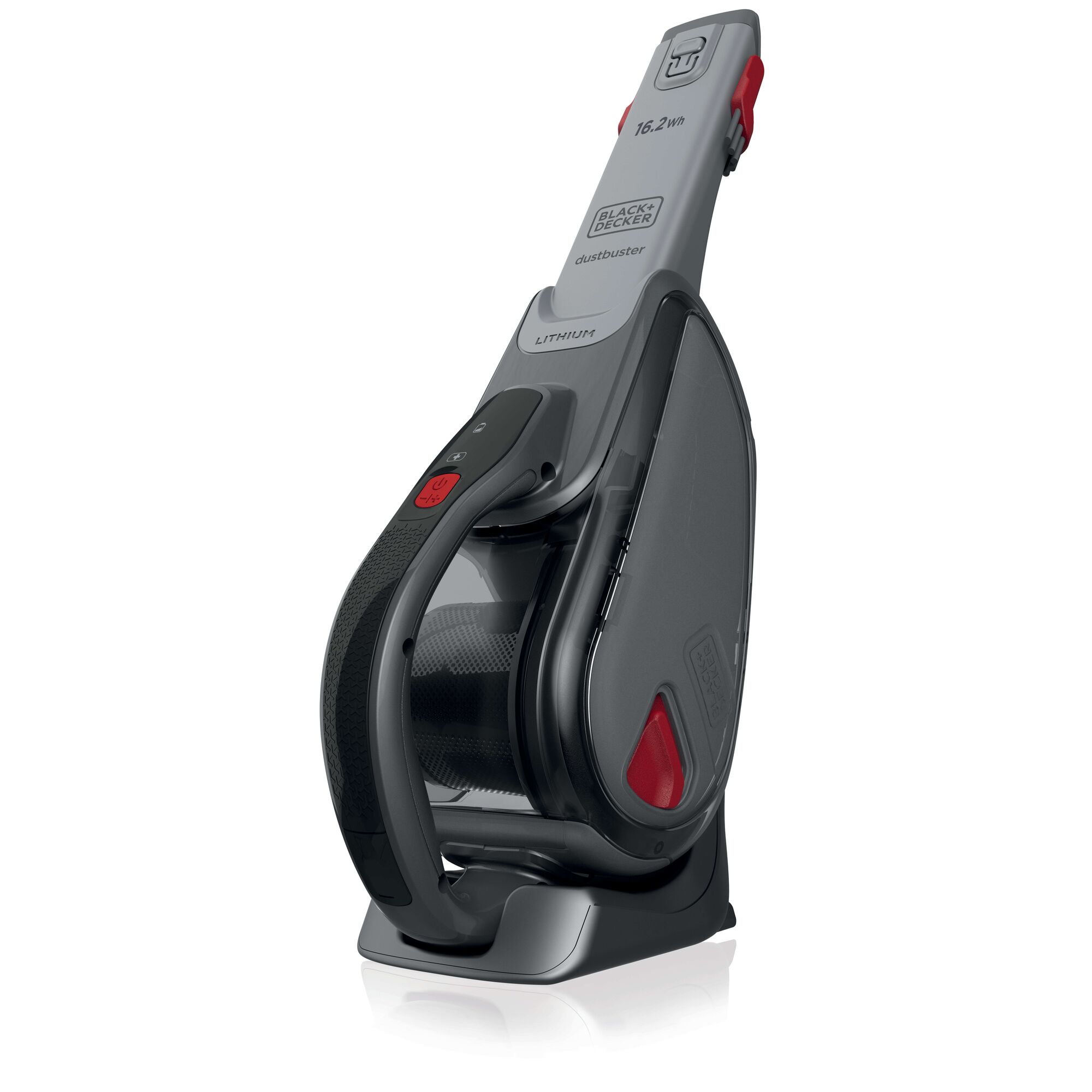 A BLACK+DECKER handheld cordless vacuum cleaner (model DVJ315B) with a grey and black design and red buttons, shown standing upright on its charging base.