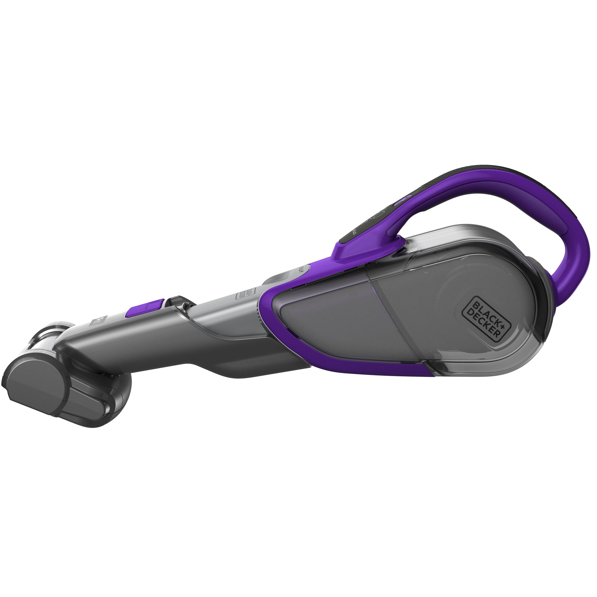 BLACKDECKER DVJ325BFSP handheld vacuum, side angle, gray and purple body on white background.