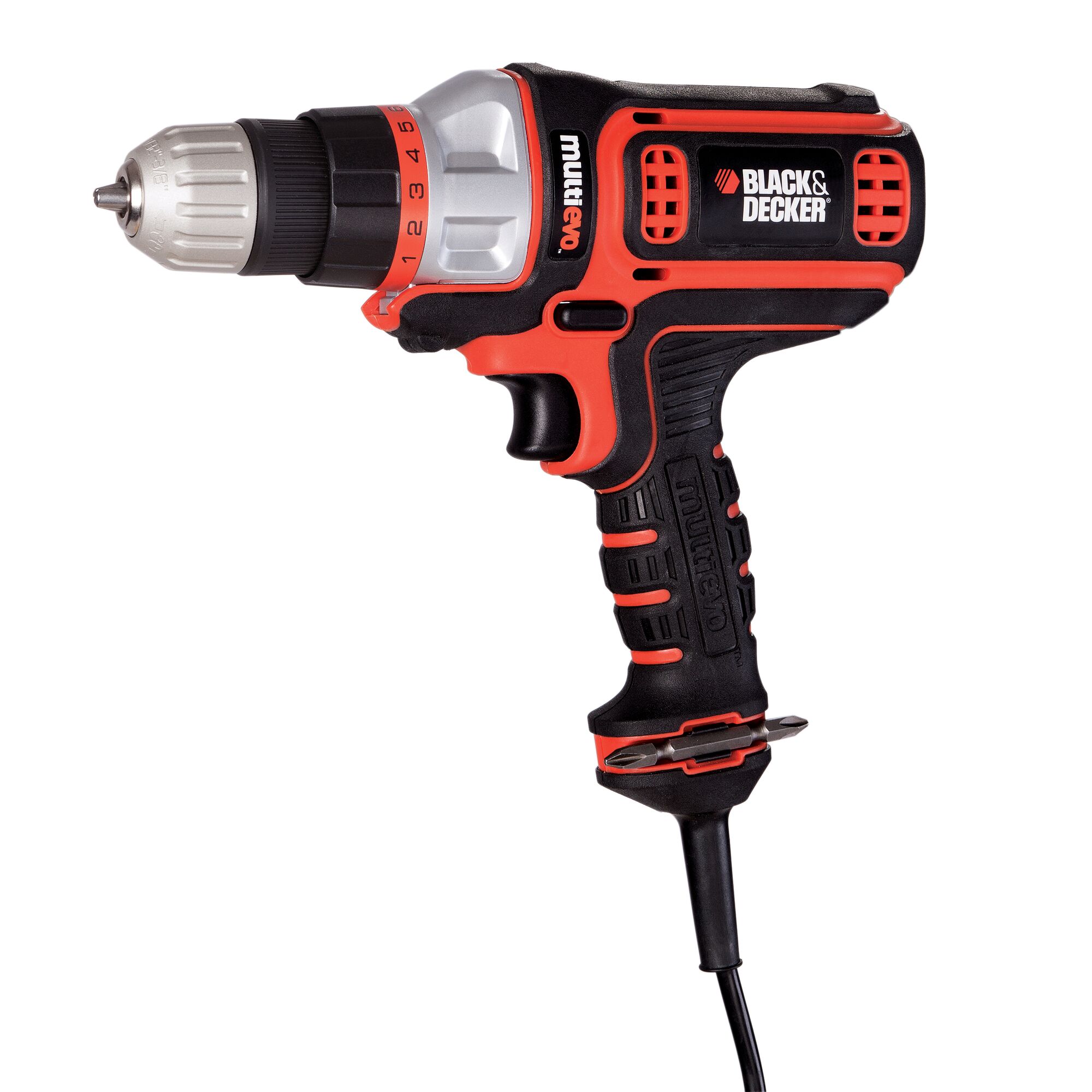 BLACKDECKER EAD800 corded drill with black and red design, right side angle, photography product.