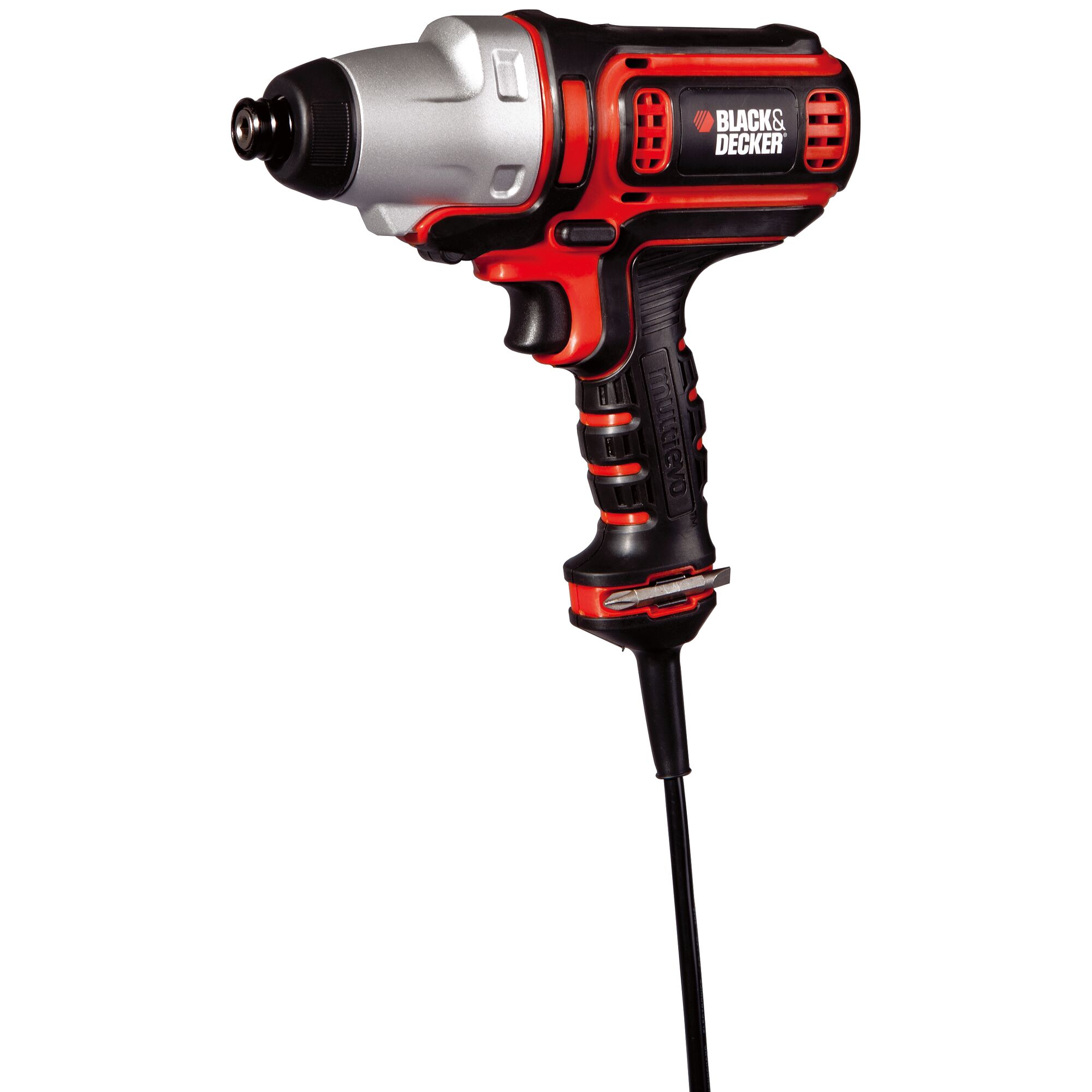 BLACK+DECKER EAI800 corded impact driver, black and red, side angle, photography category.