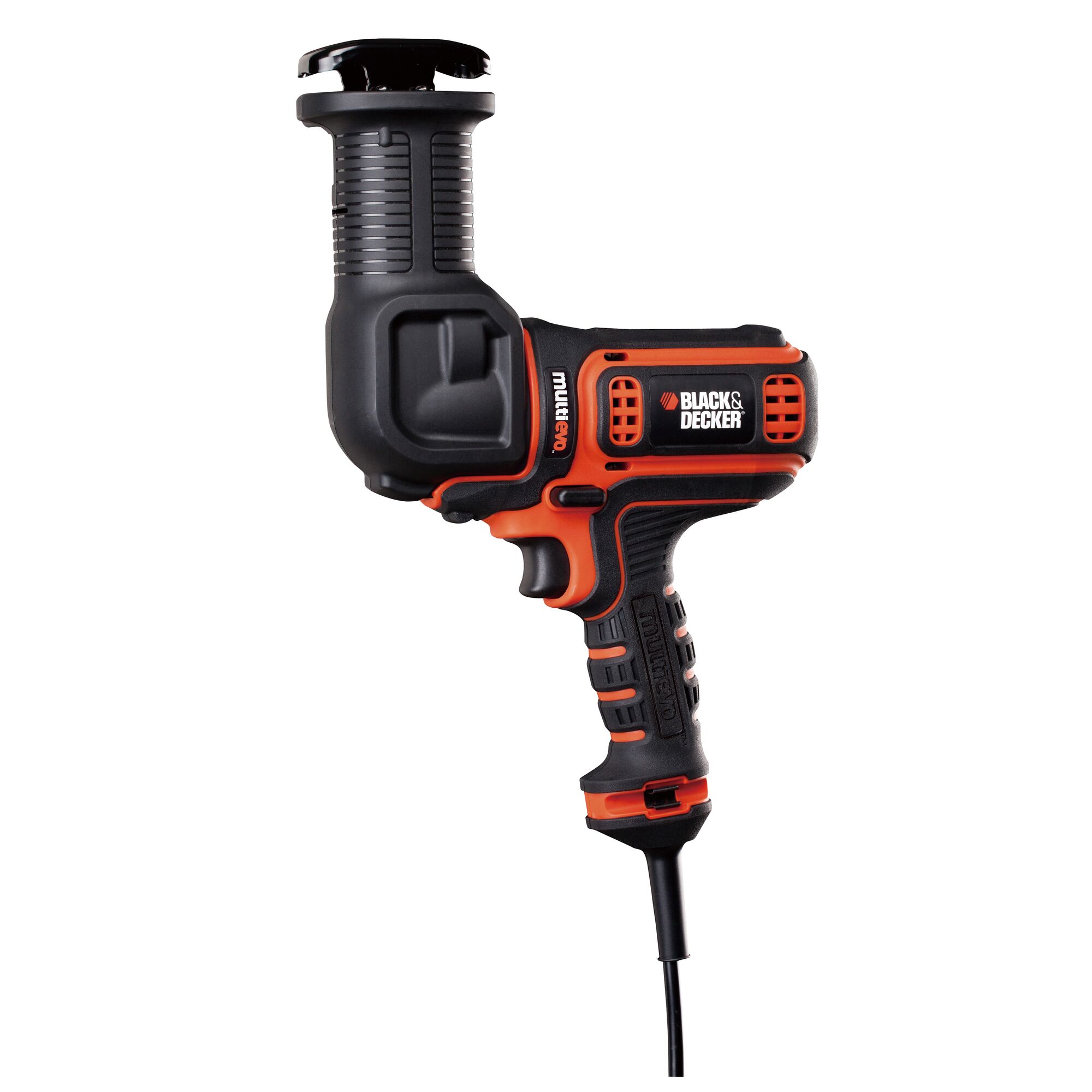 BLACK+DECKER EAR800 electric mulcher, black and orange, side angle, ergonomic grip, photography.