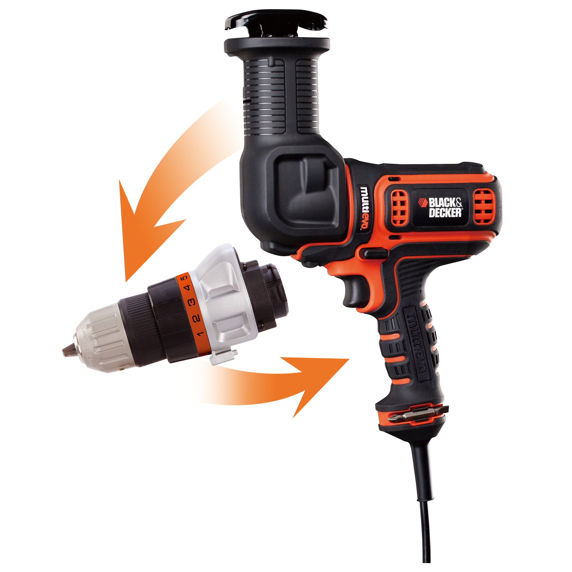 BLACKDECKER EARD800 rotary drill with detachable chuck, black and orange, side view on white background.