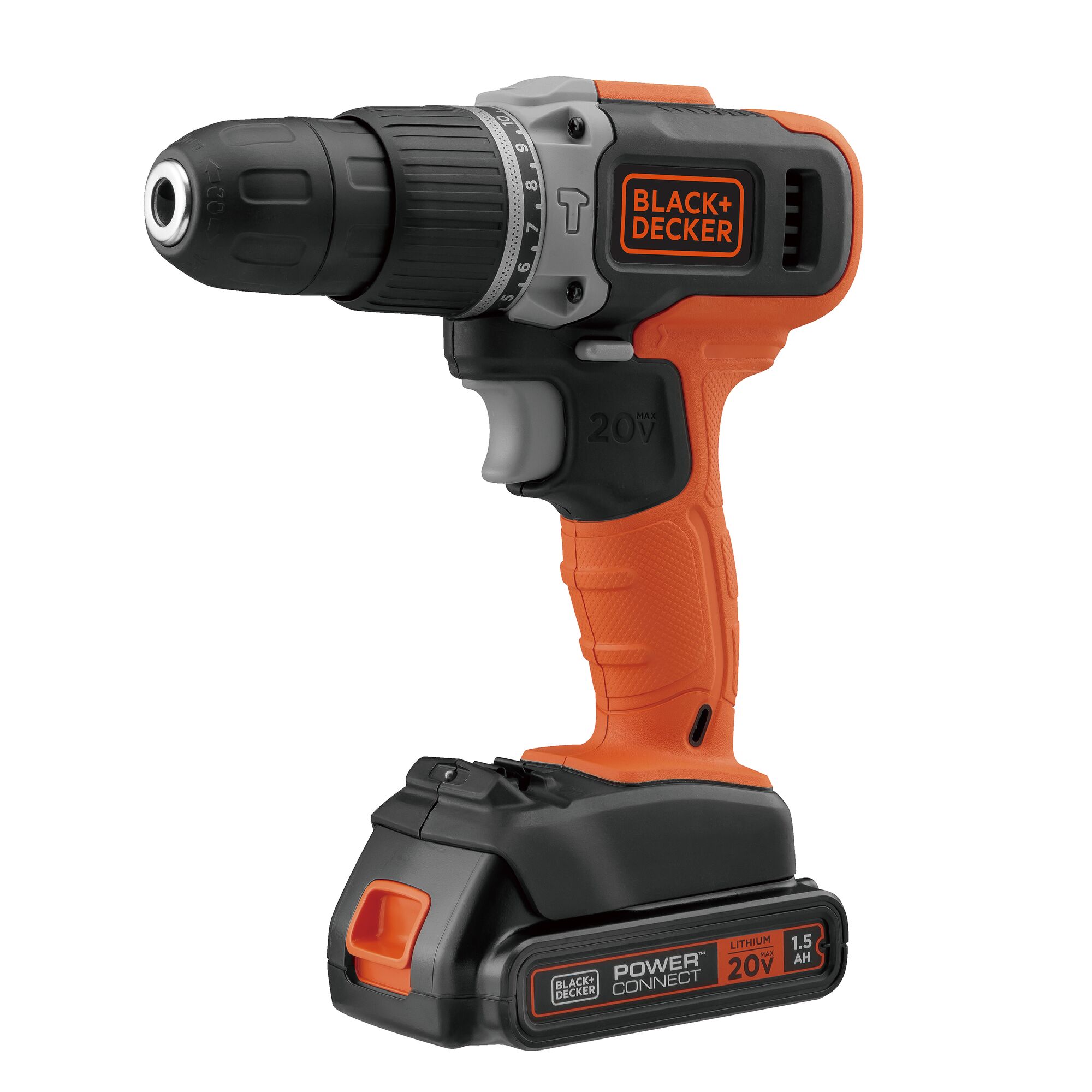 BLACK+DECKER EBCD704K cordless orange and black power drill, side angle, with 20V lithium battery attached.