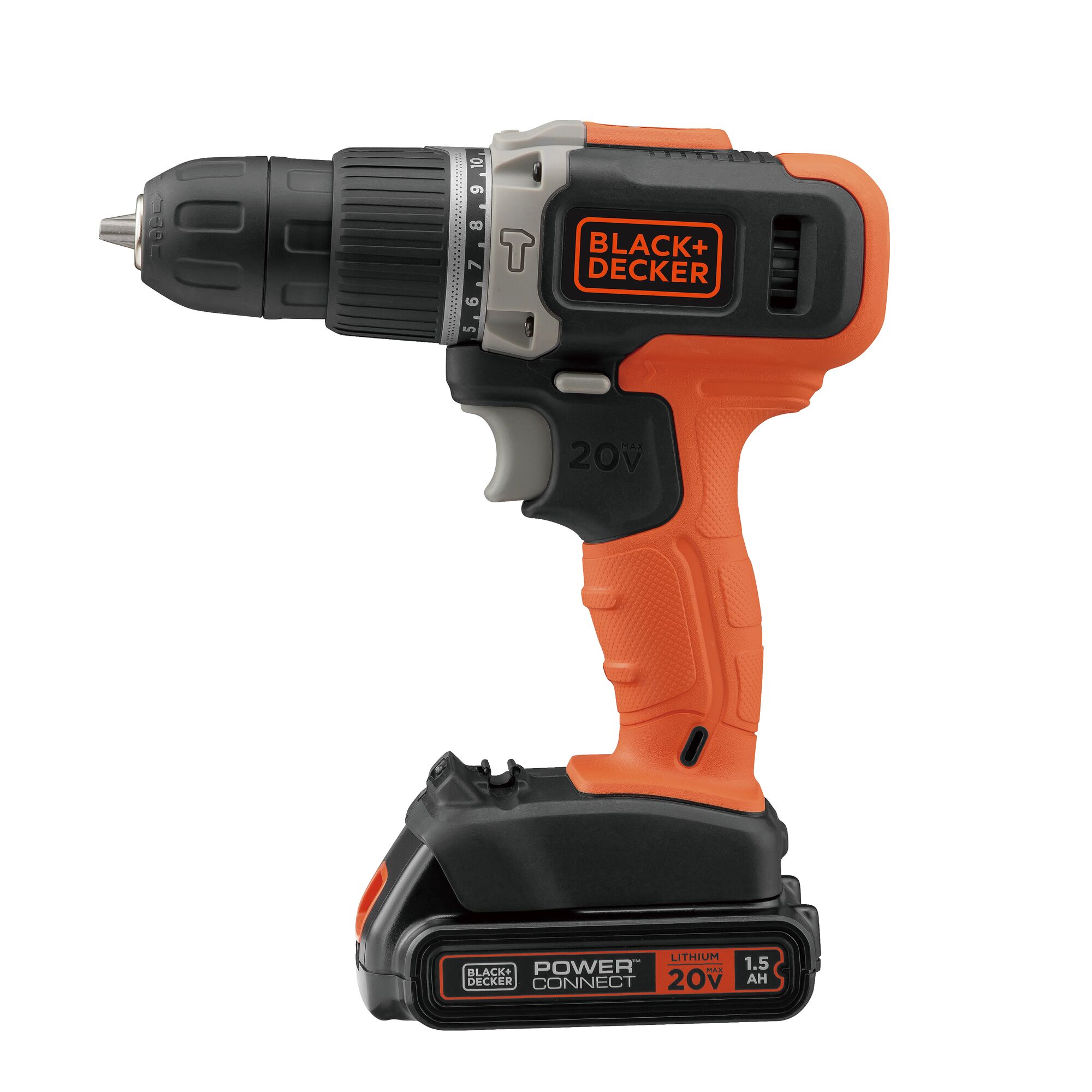 BLACK+DECKER EBCD704K cordless drill with orange and black body, side view on white background.