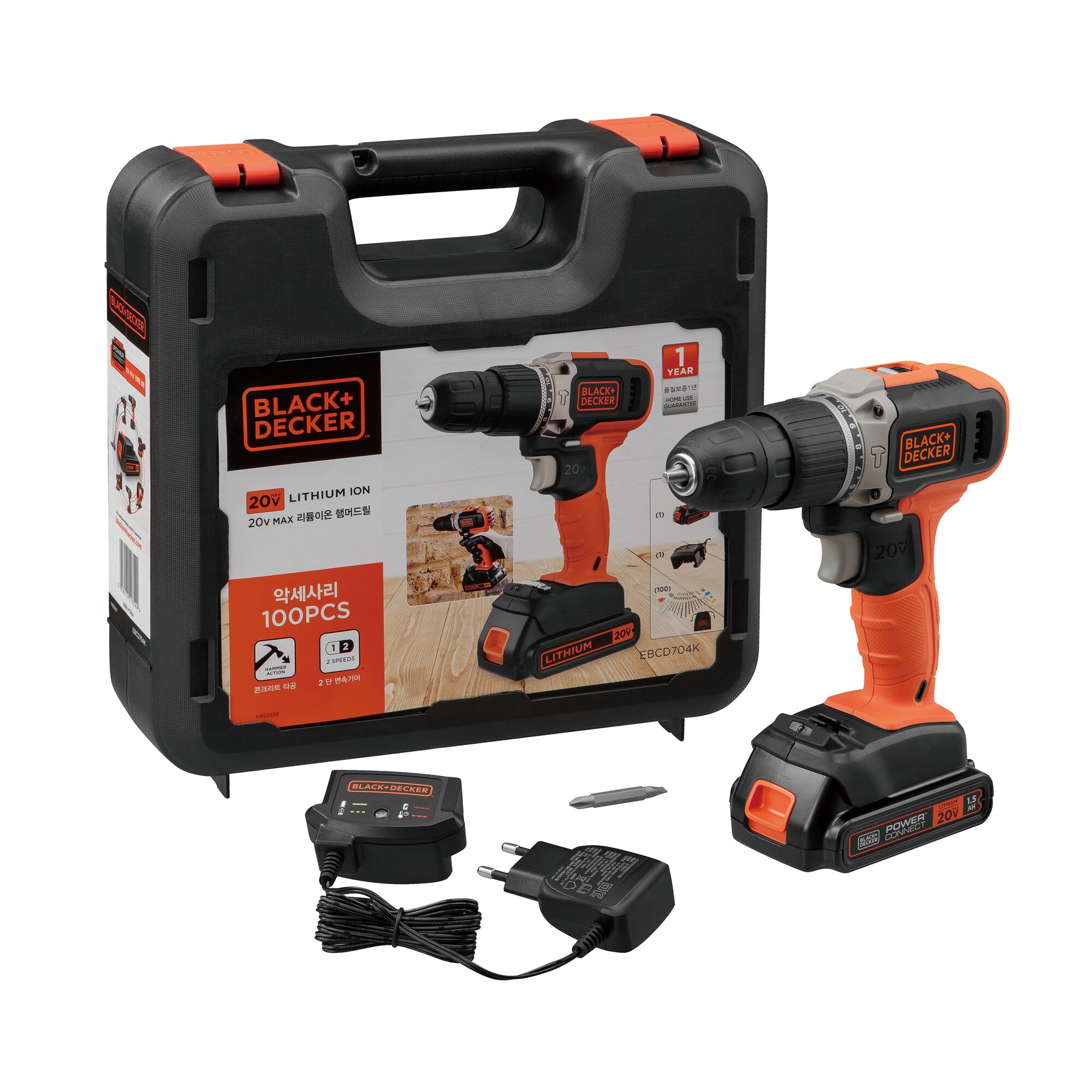 BLACK+DECKER 20V cordless drill set EBCD704K with carrying case, charger, bit, and accessories, angled front view.