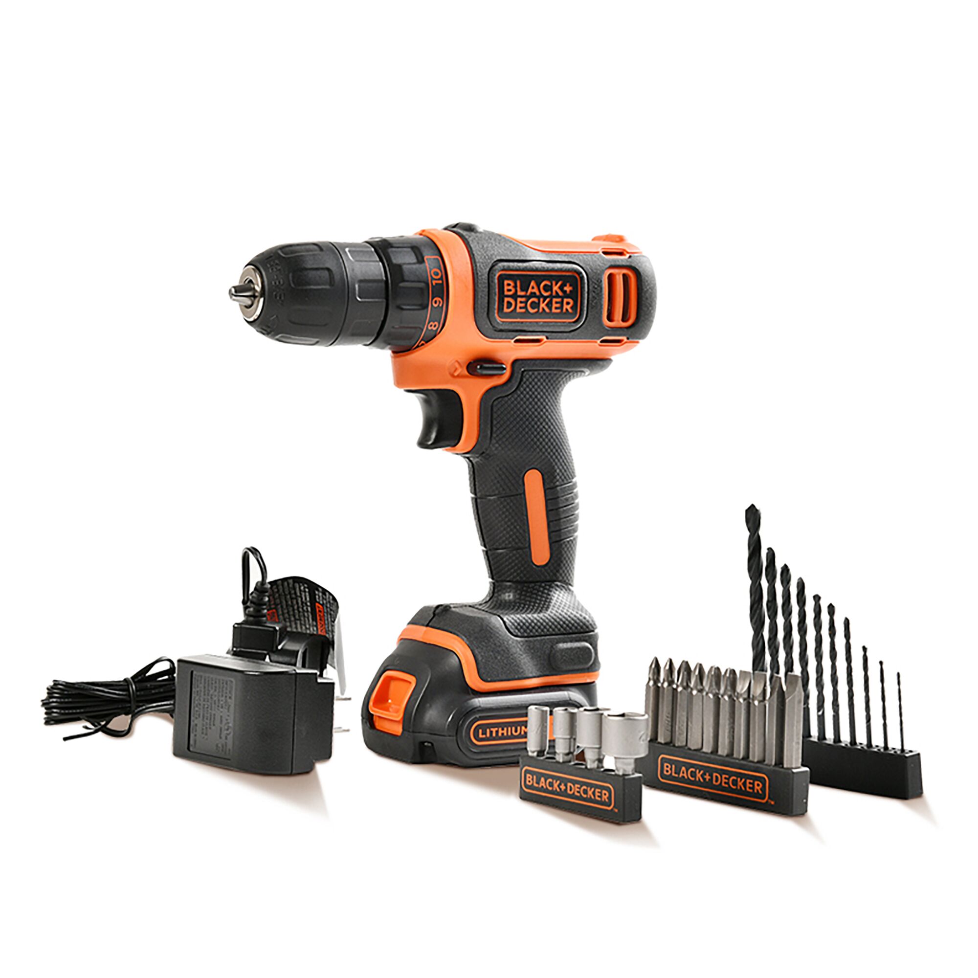 BLACK+DECKER EBCPK1249C cordless drill kit with charger, drill bits, screwdriver bits, and sockets on white background.