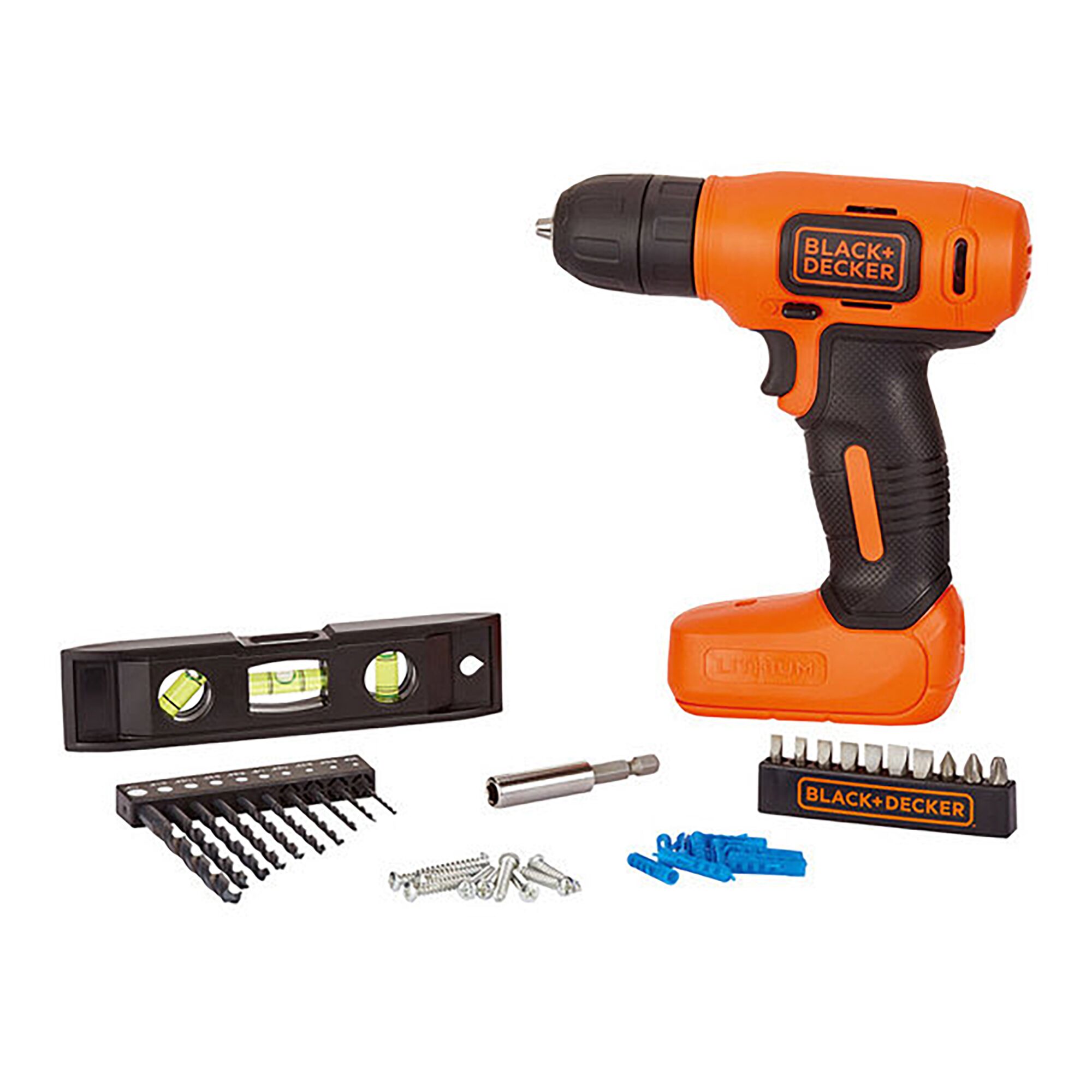 BLACK+DECKER EBDCD8HDPK-KR cordless drill with black and orange body, drill bits, level, screws, and driver bits, front angle.
