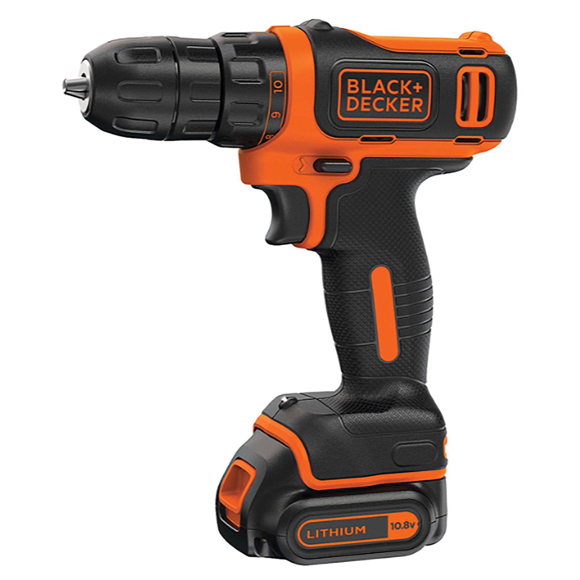 BLACKDECKER EBDCDD12HS-KR cordless drill, black and orange, side angle, 10.8V lithium battery.