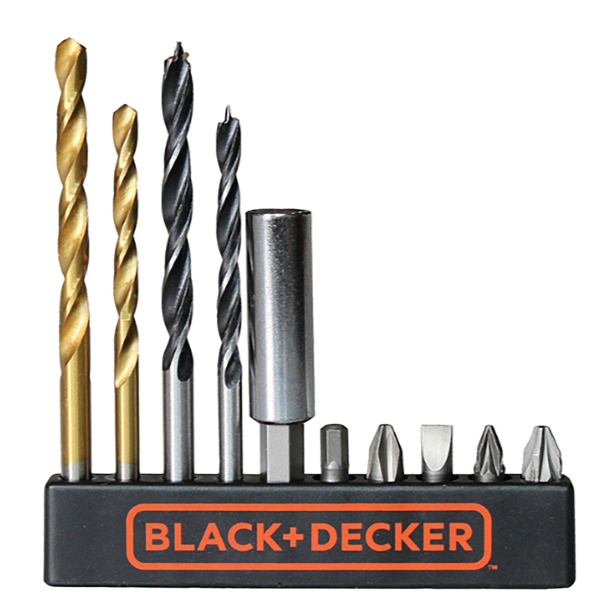 BLACKDECKER drill and screwdriver bit set with holder, front angle, SKU EBDCDD12HS-KR.