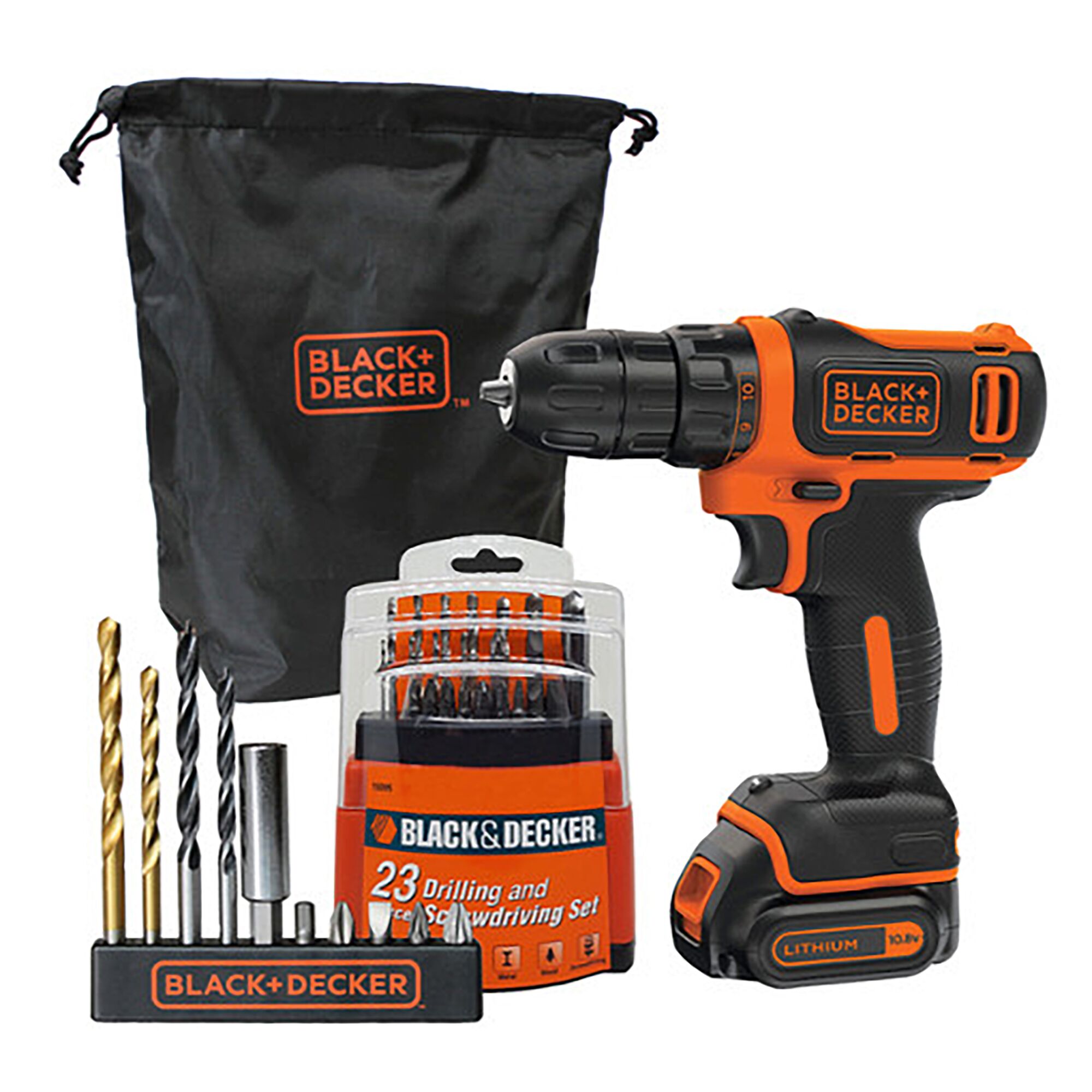 BLACK+DECKER EBDCDD12HS-KR cordless drill kit with drill bits, screwdriver bits, and a black carry bag, photographed front view.