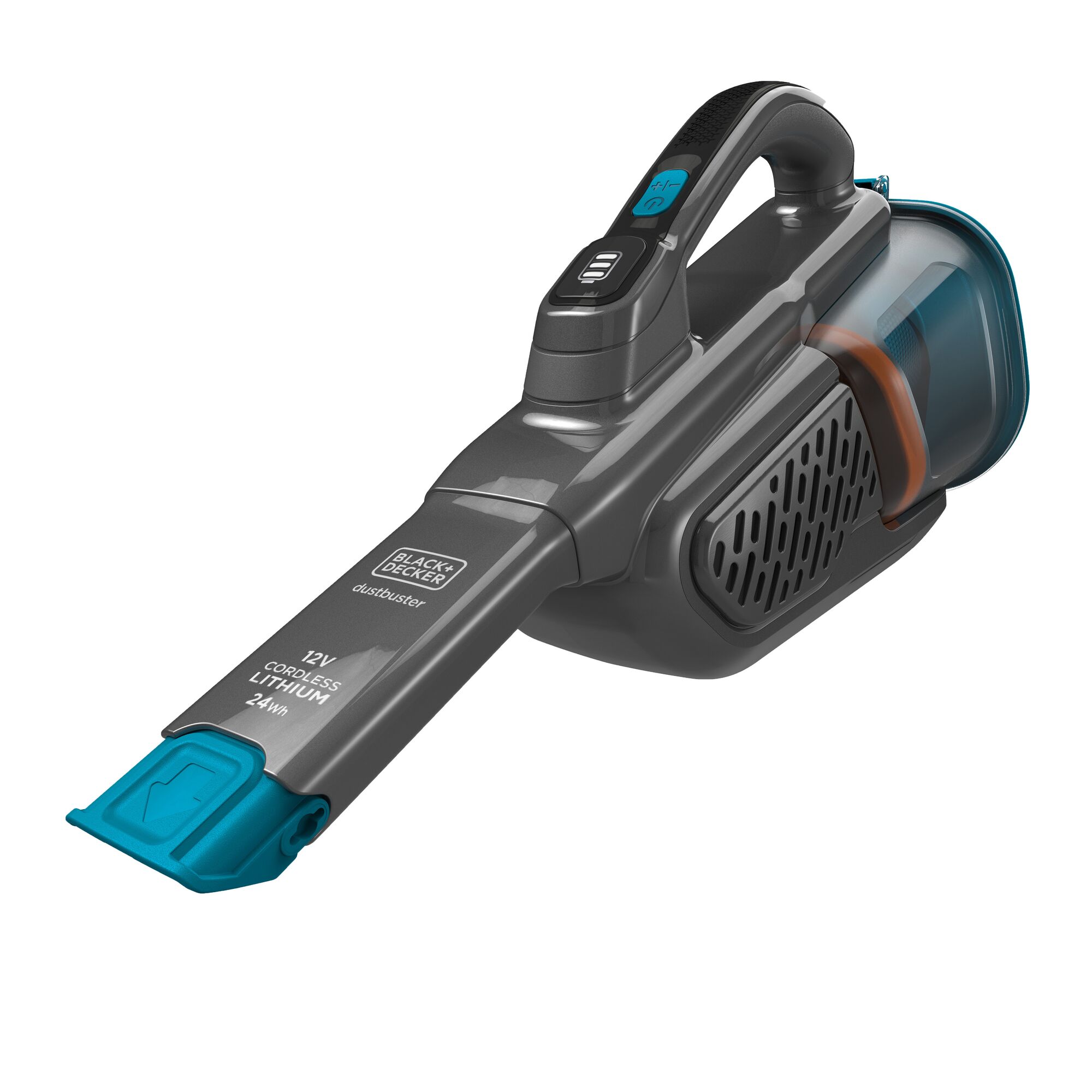 BLACKDECKER EBHHV320B02-KR handheld vacuum, dark gray with blue nozzle, side angle on white background.