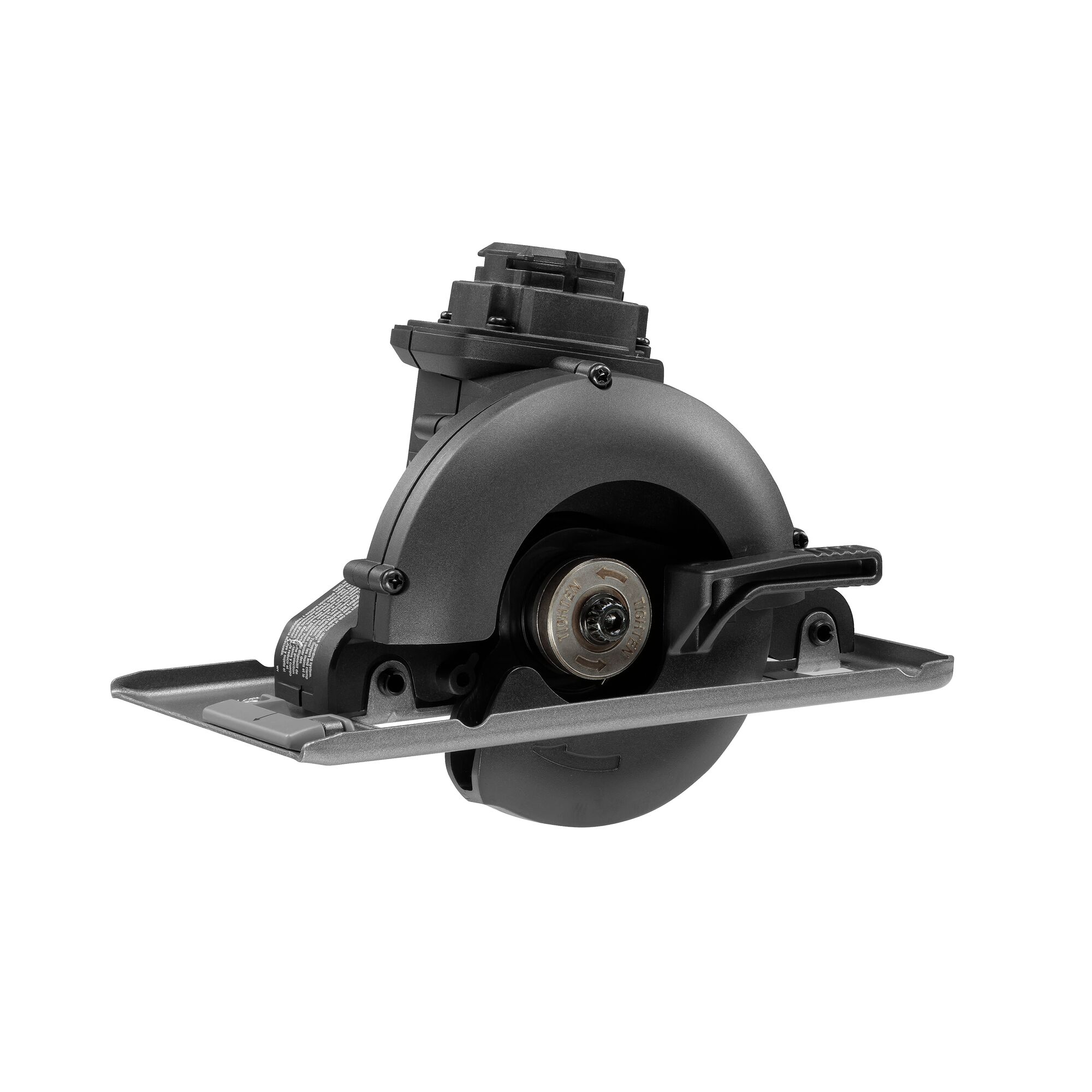 BLACK+DECKER ECH183 circular saw side angle, black and gray housing, flat base, white background.