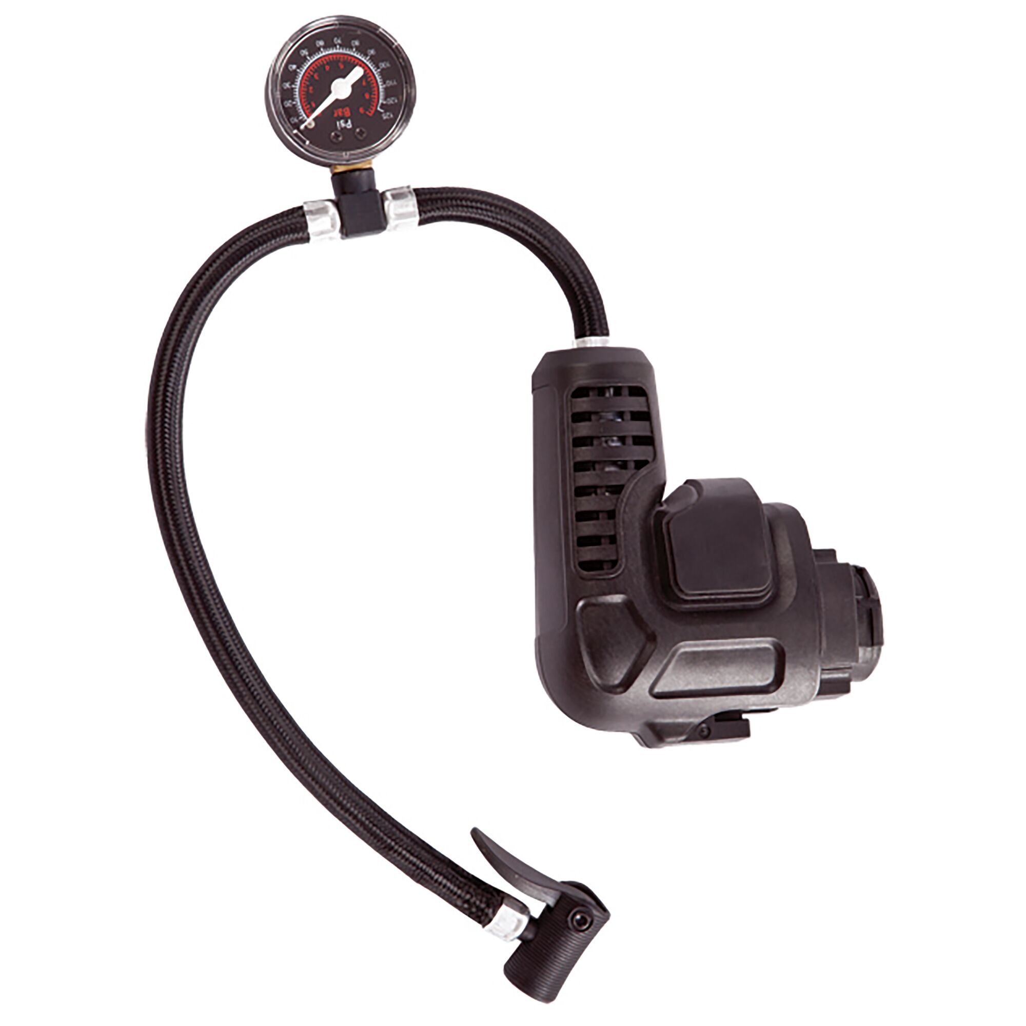 BLACKDECKER portable tire inflator with pressure gauge and hose, SKU EIF183, side angle photo.