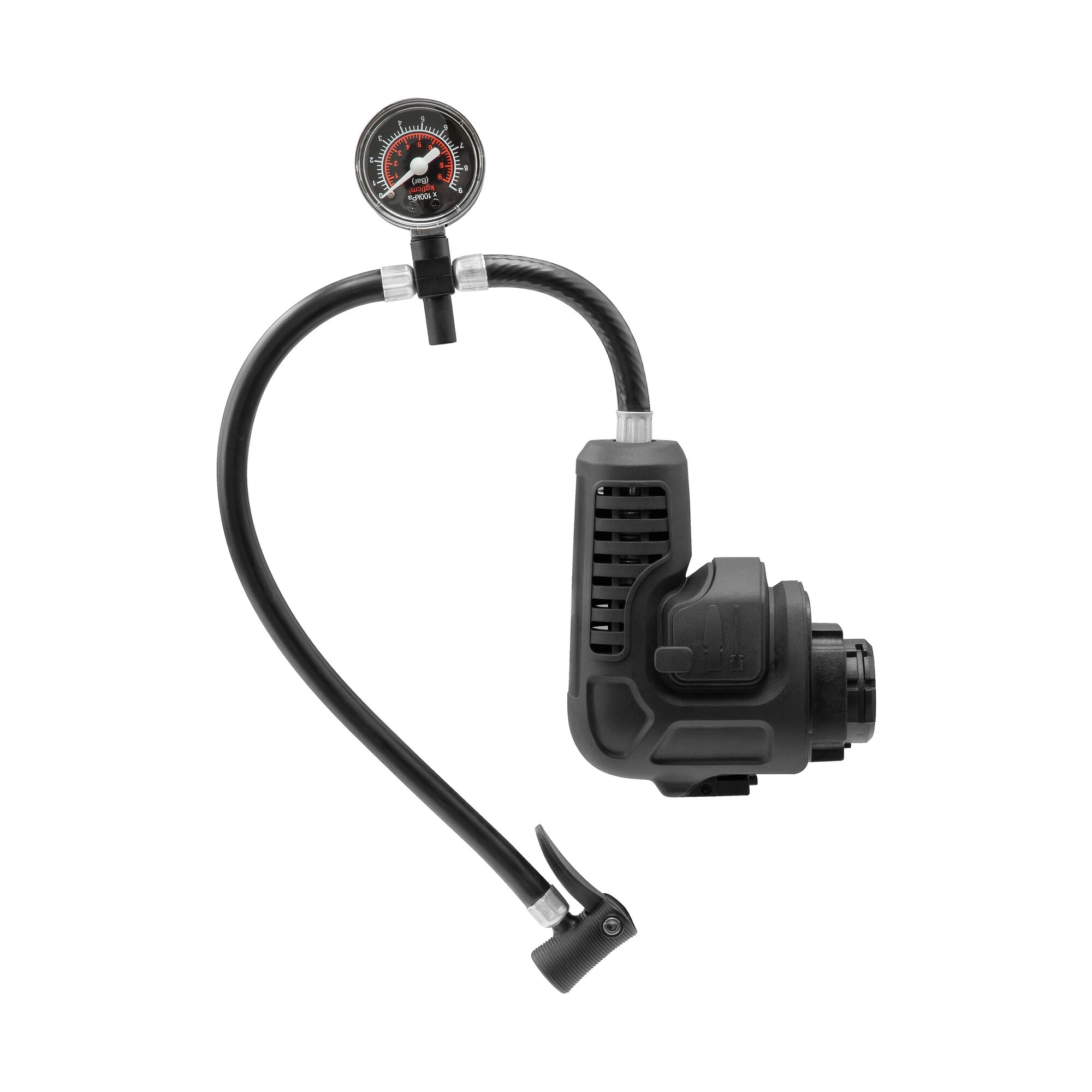 BLACKDECKER EIF183 tire inflator with pressure gauge, black, side angle, white background.