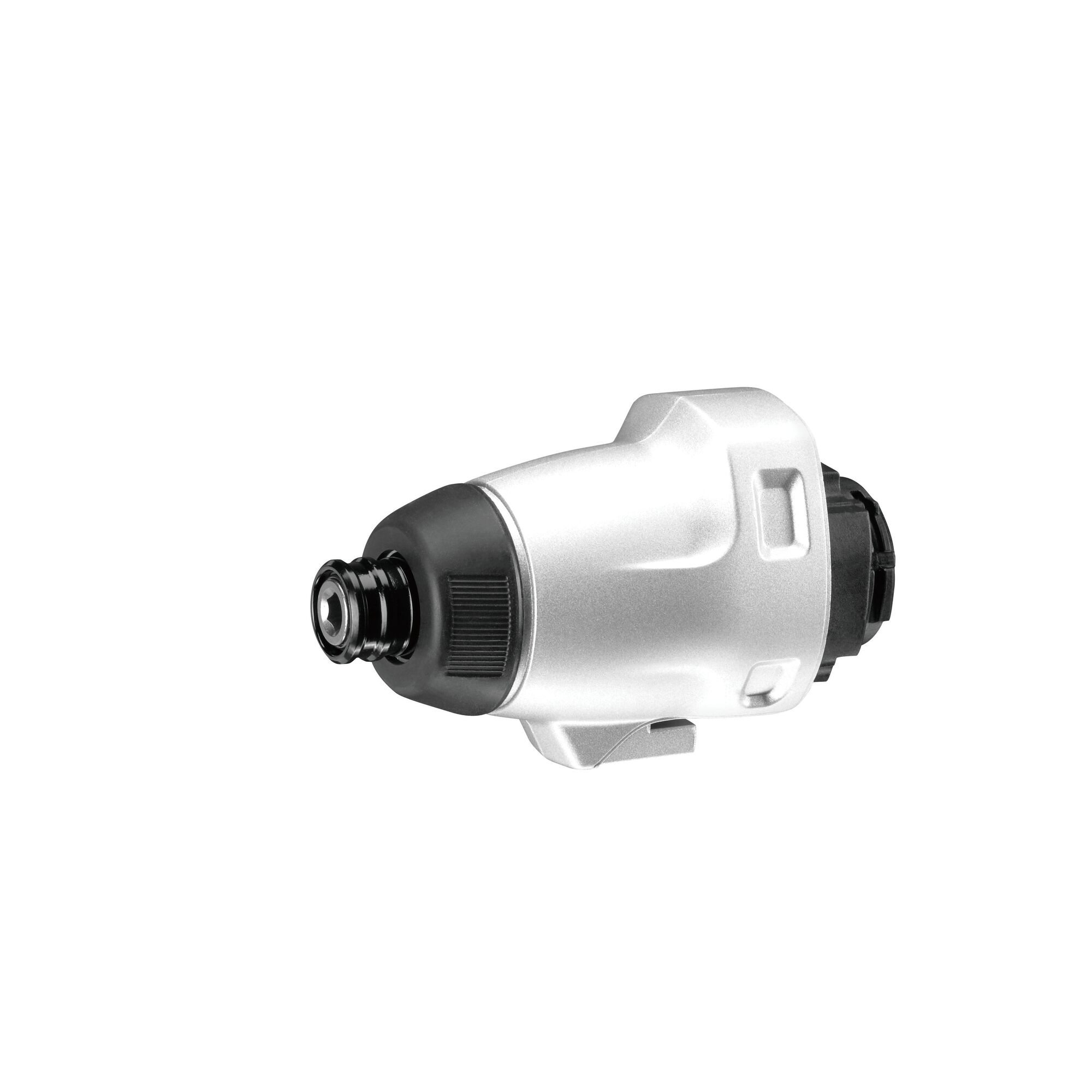 BLACKDECKER EIH183 impact driver head, silver and black, front angle, photography of power tool accessory