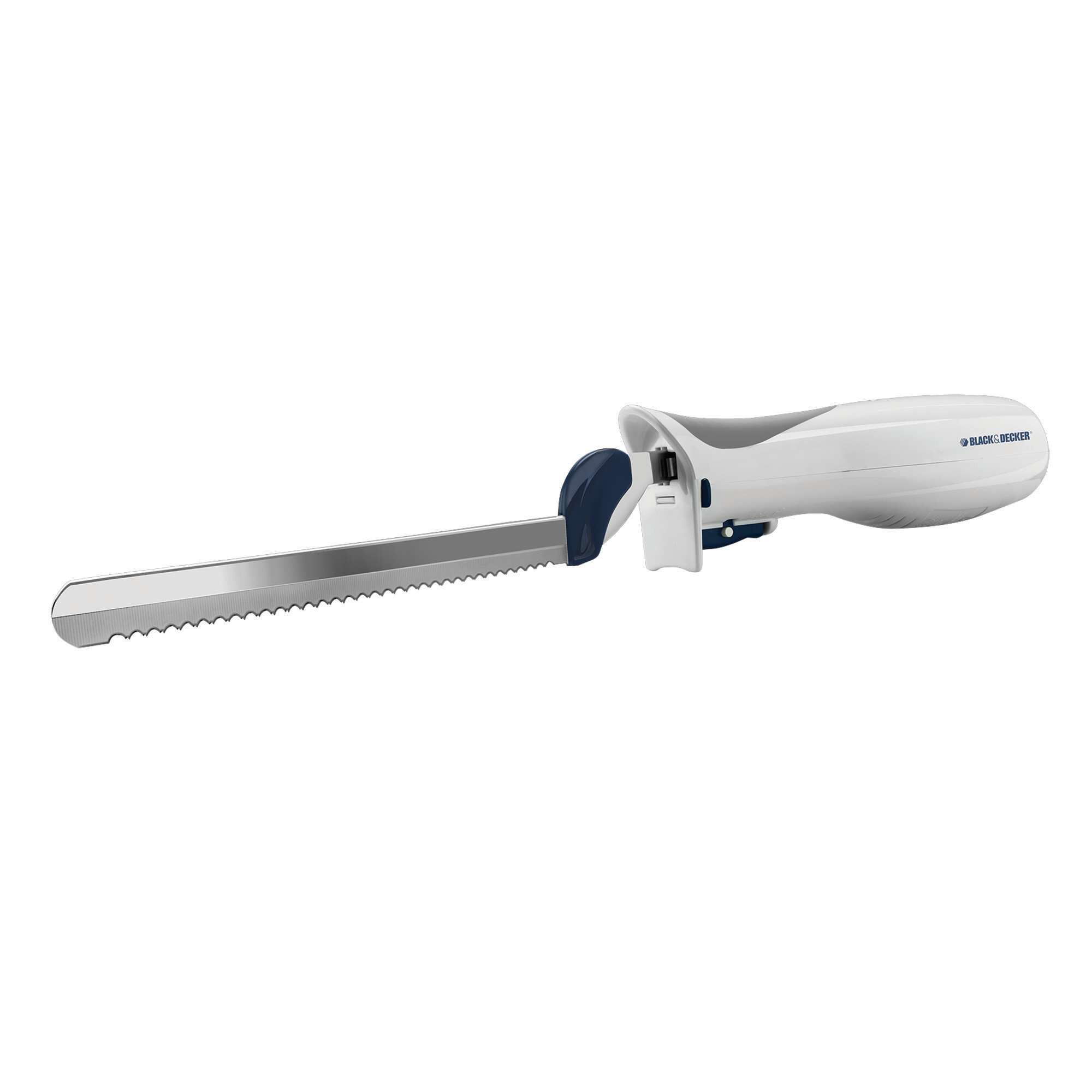 BLACK+DECKER EK700 electric knife with serrated stainless steel blade, white handle, side angle on white background.