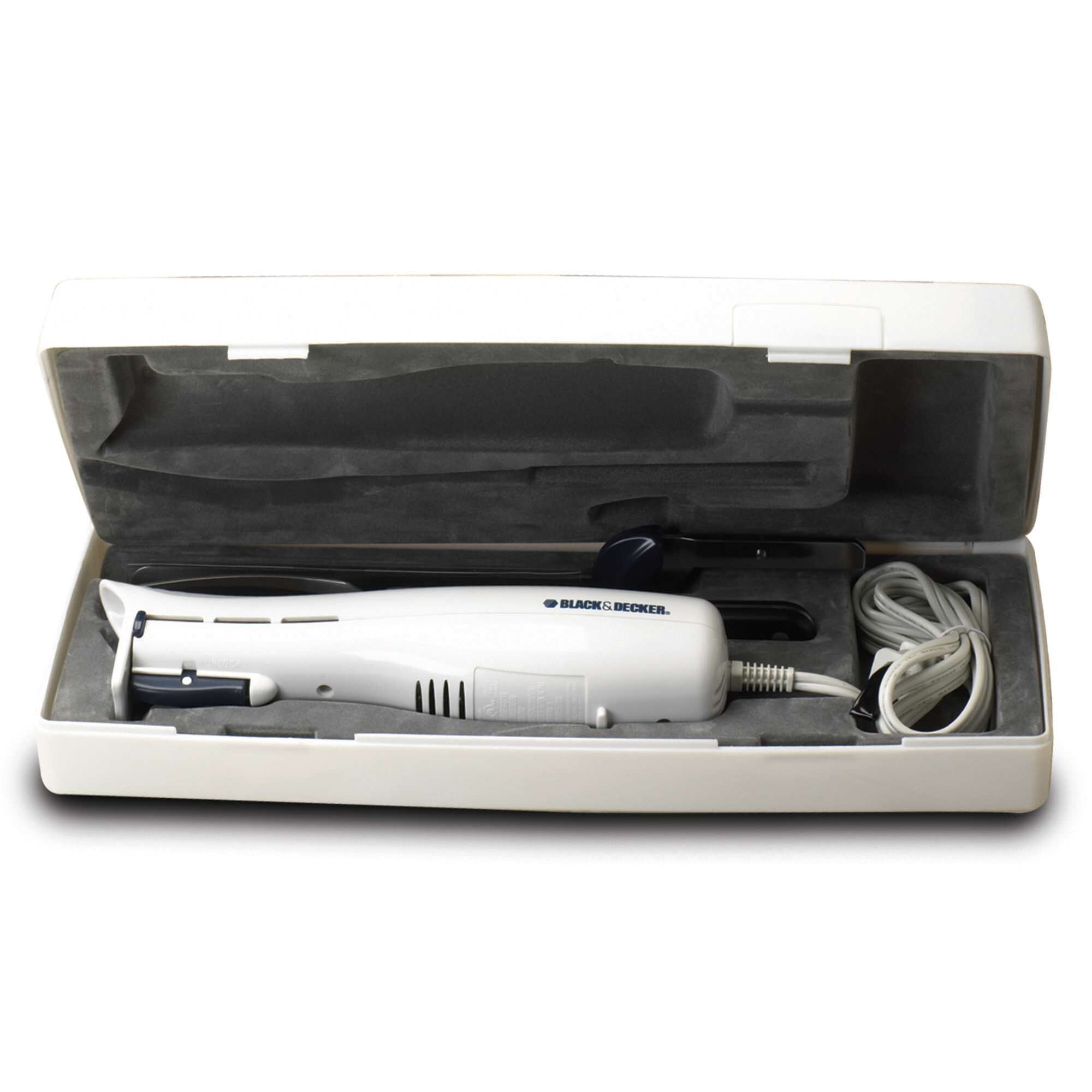 BLACK+DECKER electric knife EK700 with white handle and blade stored in a white plastic case, front angle.